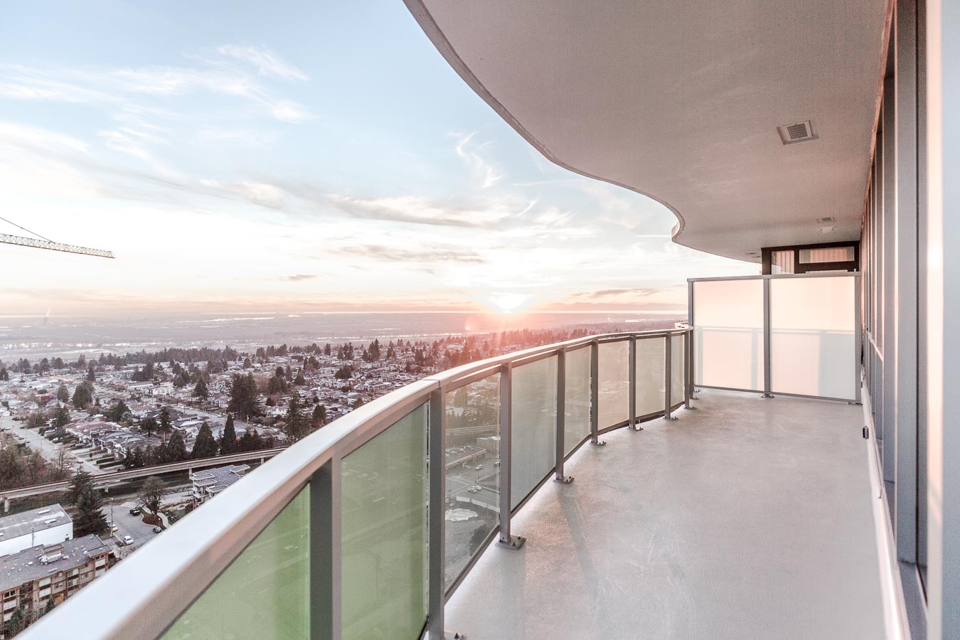 Balcony with panoramic views at newly developed Metrotown condo.