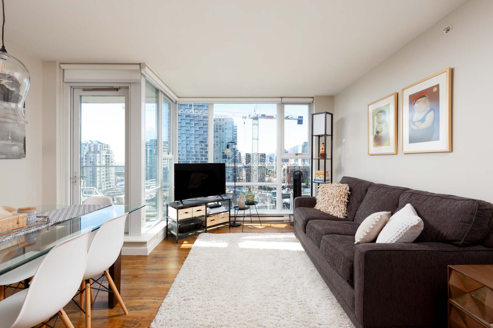Living area with view in Yaletown Vancouver rental condo.