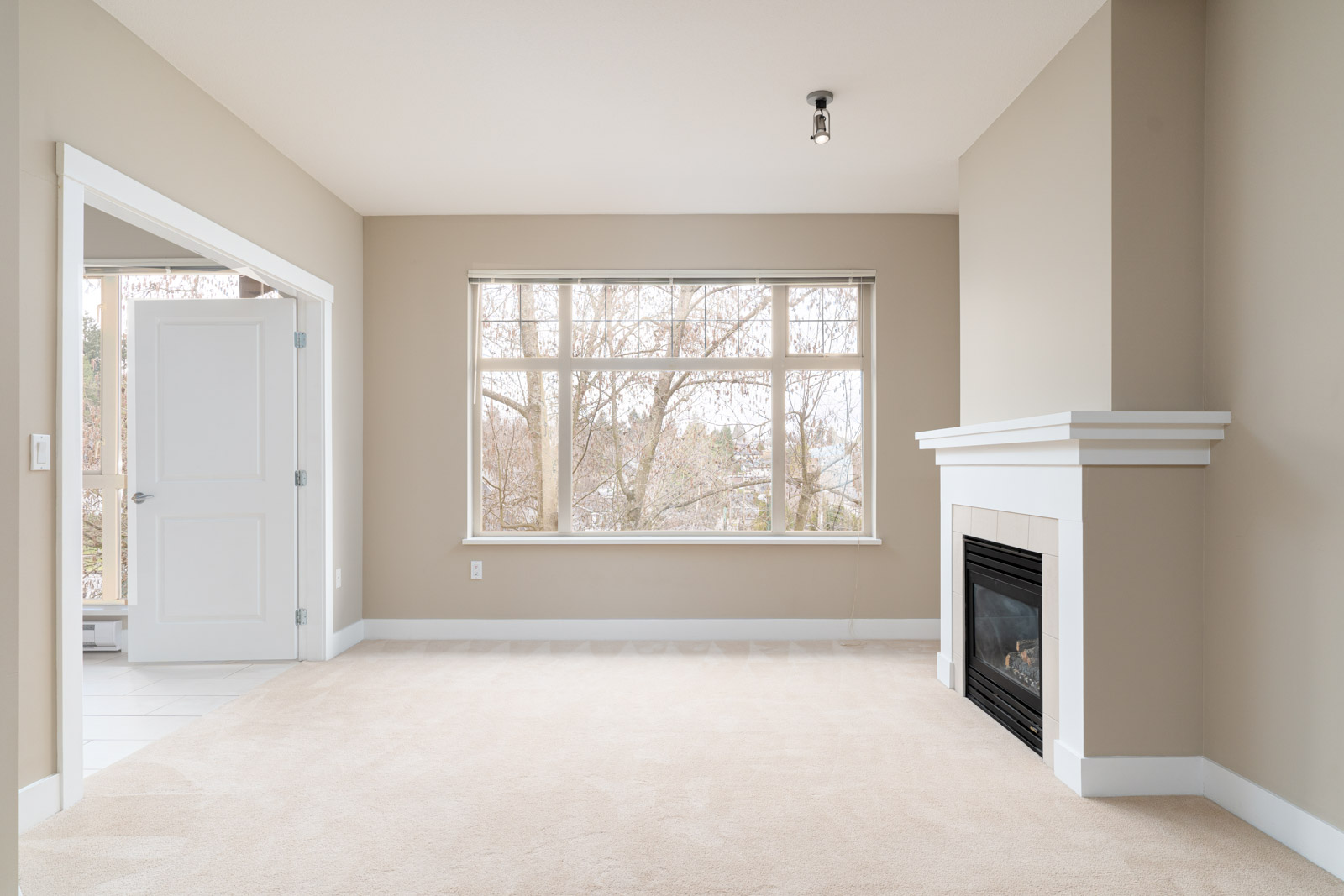 Empty living room with beige carpet, a large window, neutral walls, and a white-trimmed fireplace on the right. An open doorway leads to a bright adjacent room.