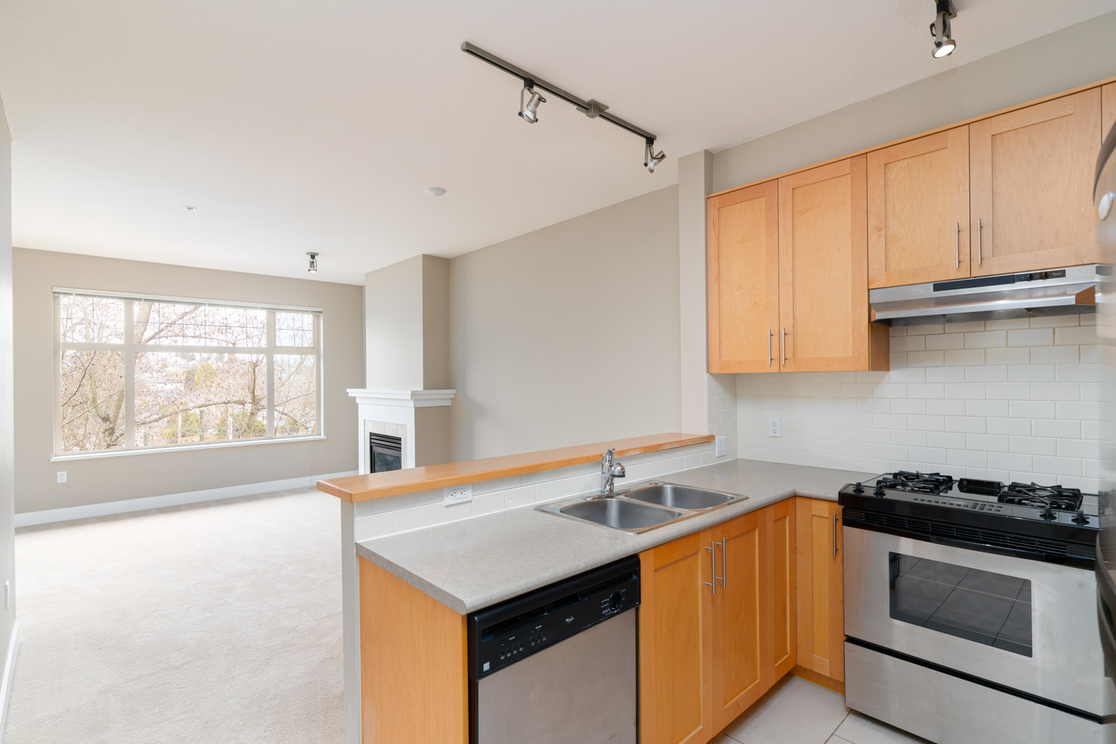 Modern apartment kitchen with light wood cabinets, stainless steel appliances, double sink, and a view into a bright living area with large window and fireplace.