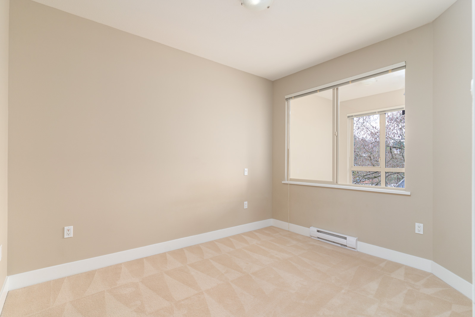 Empty room with beige carpet, light tan walls, a window with white trim, and a baseboard heater under the window.