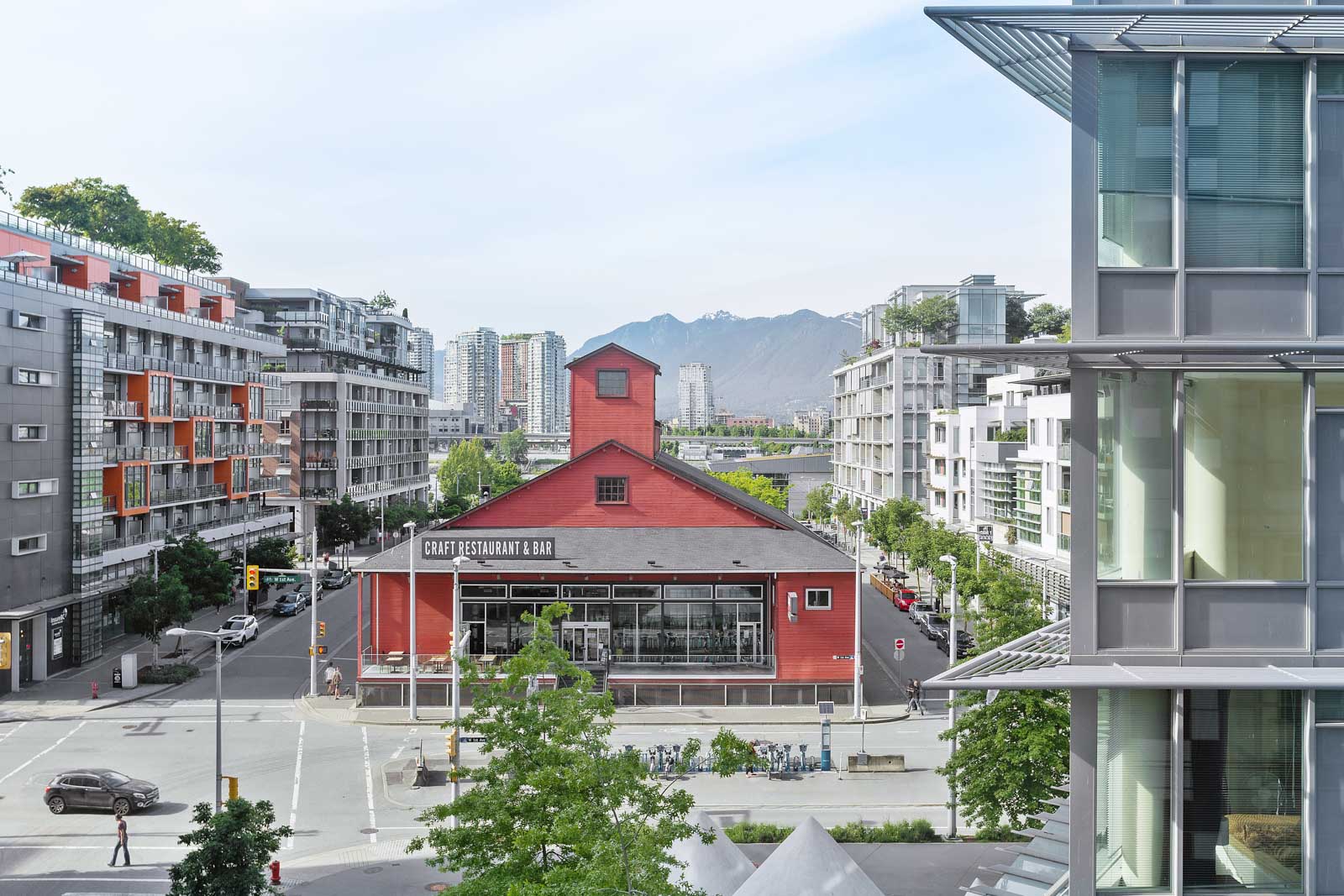 A red barn-style building labeled 