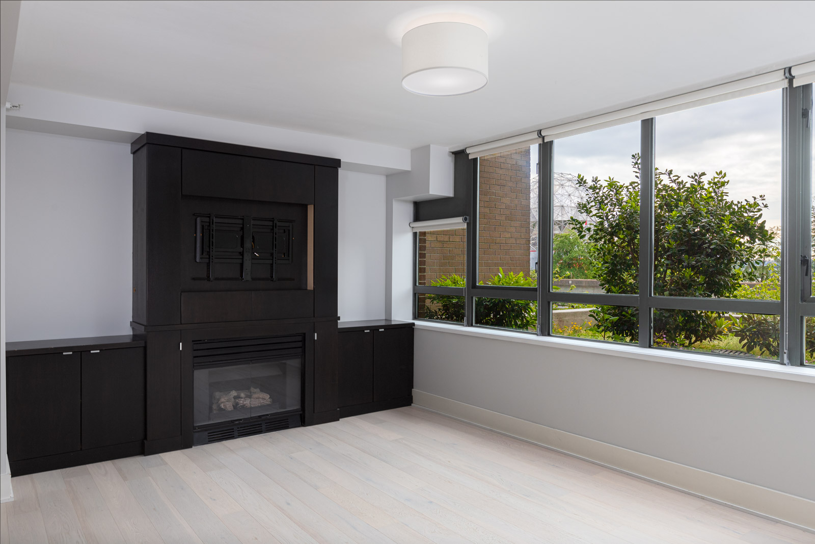 A modern, unfurnished room with light wood floors, a dark built-in fireplace unit, large windows, and an overhead light fixture, offering a view of greenery outside.