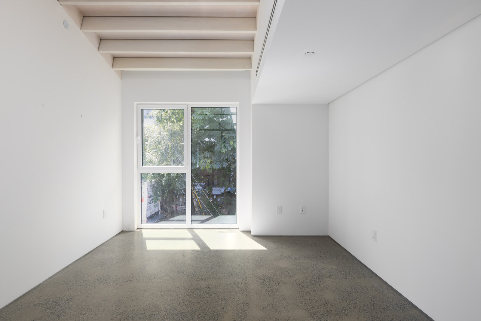 Empty modern room with white walls, concrete floor, large window with sunlight streaming in, and exposed wood ceiling beams.