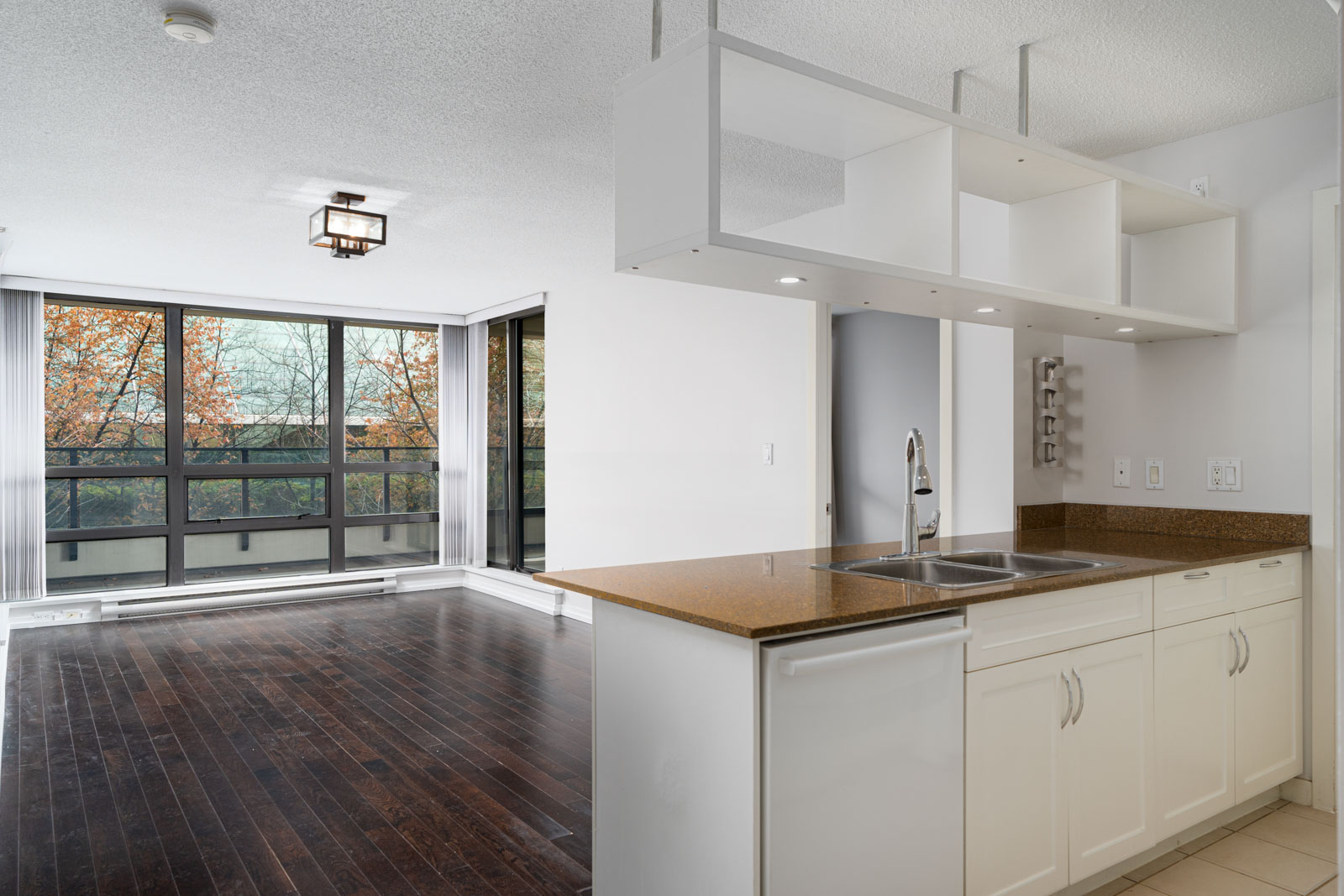 Modern apartment with dark hardwood floors, large windows, white kitchen cabinets, and a brown countertop with a sink. Trees with autumn leaves visible outside.