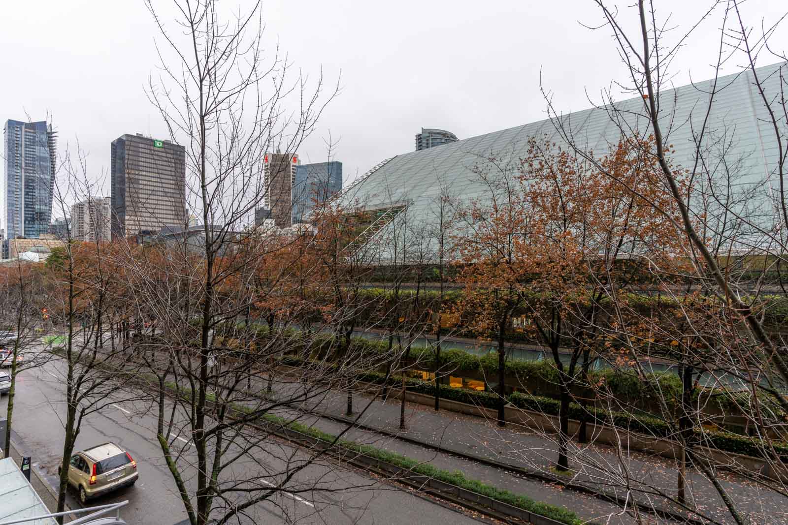 A city street with leafless trees lines the foreground, while modern high-rise buildings and a large glass structure are visible in the background on an overcast day.