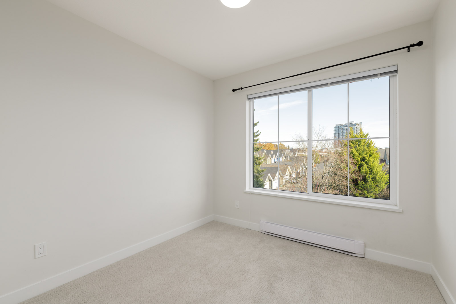 Empty room with beige carpet, white walls, and a large window with a city and tree view. Black curtain rod installed above the window.