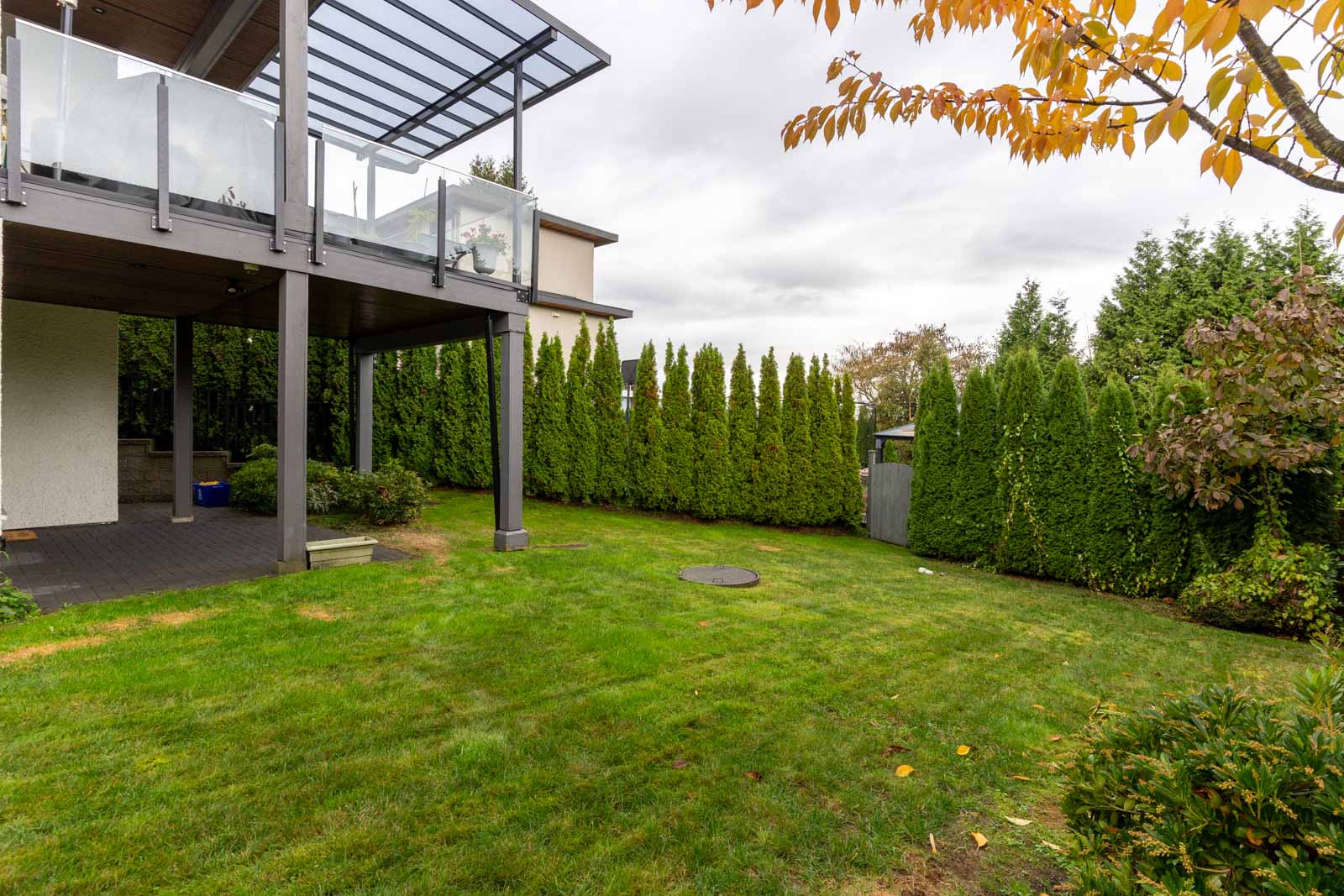 A backyard with green lawn, tall evergreen trees lining the fence, and a modern covered patio with glass railings on the left side.