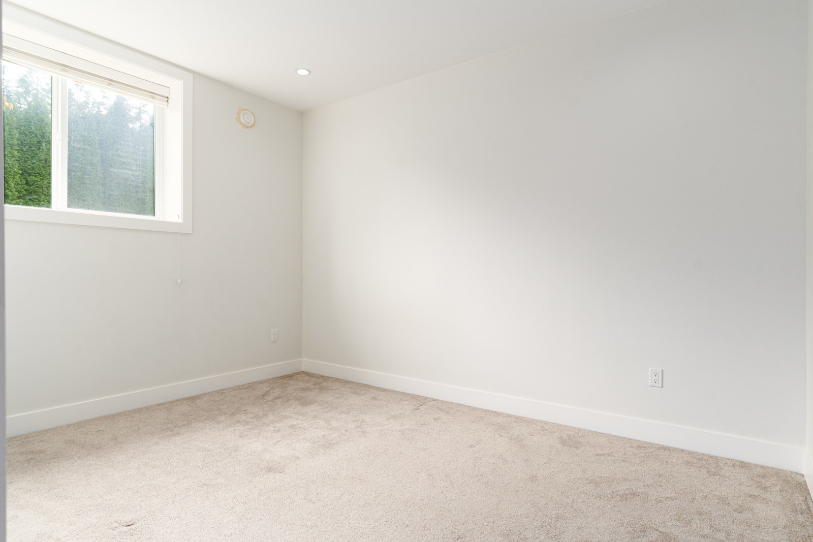 Empty room with beige carpet, white walls, a small window with blinds, and minimal natural light.