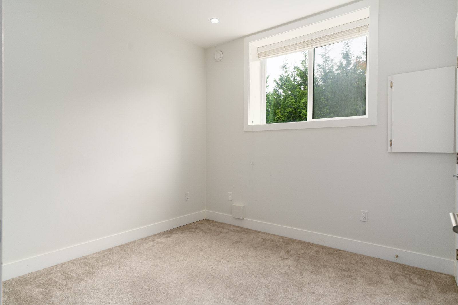 Empty room with beige carpet, white walls, a window with blinds, and greenery visible outside. Room has baseboards, an electrical outlet, and a wall panel.