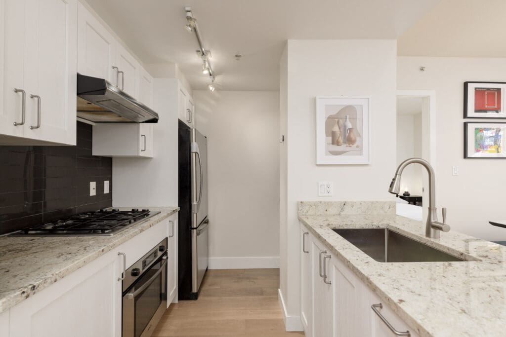 Modern kitchen with white cabinets, granite countertops, gas stove, stainless steel appliances, and a double sink; framed artwork hangs on the wall in the background.