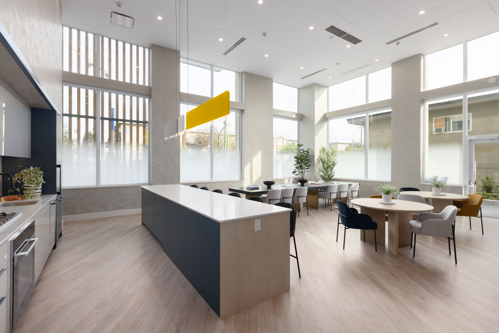 Modern communal kitchen and dining area with large windows, an island counter, round tables, and various chairs; indoor plants accent the minimalistic, well-lit space.