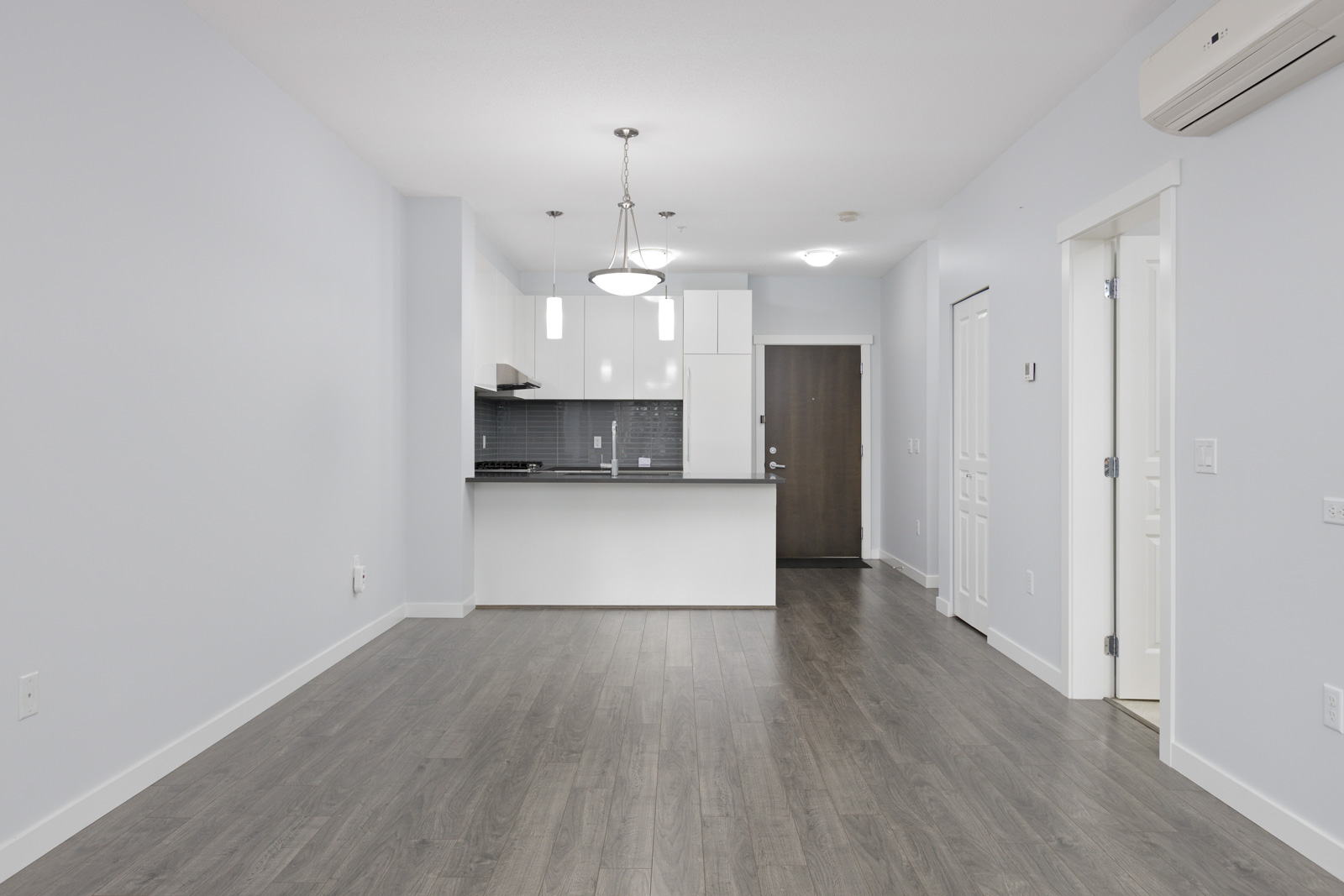 Unfurnished modern apartment with gray wood flooring, white walls, open kitchen area, dark backsplash, and overhead lighting. Entrance door and two interior doors are visible.