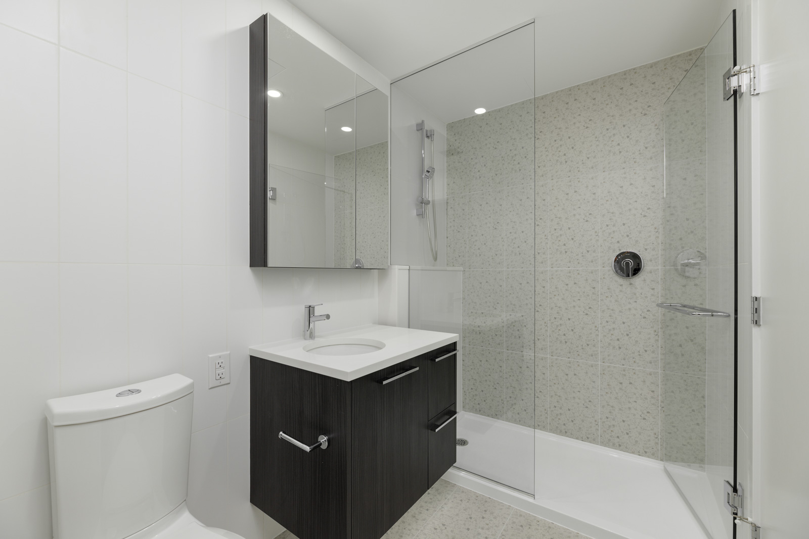 Modern bathroom with a glass-enclosed shower, dark wood vanity with sink, wall-mounted mirror cabinet, and white toilet.