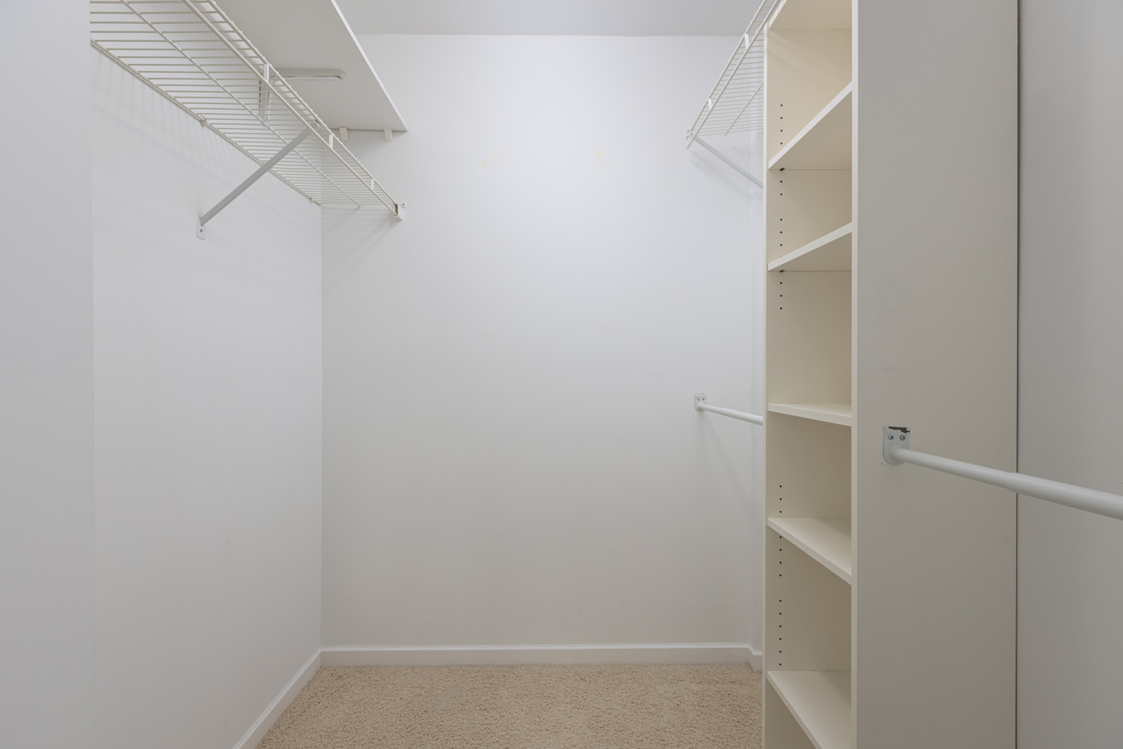 Empty walk-in closet with beige carpet, white walls, wire shelves on the left, and built-in shelves with hanging rods on the right.