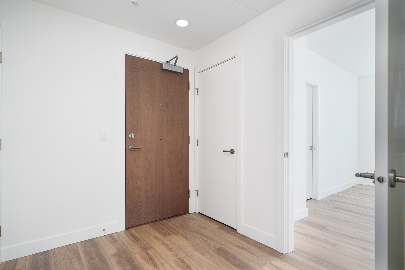 A modern entryway with a brown wooden door, two white doors, white walls, and light wood flooring.