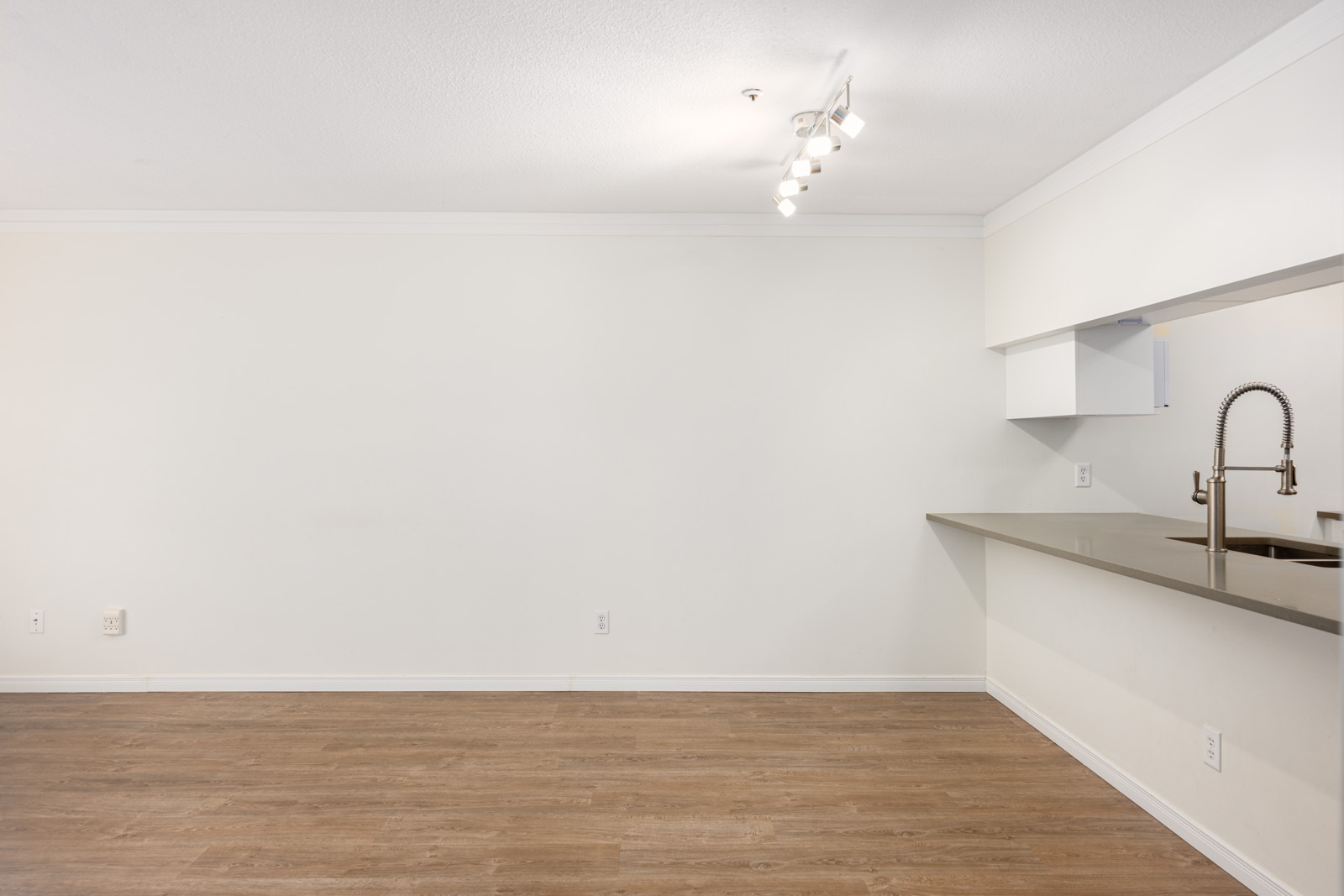 Unfurnished room with light wood flooring, white walls, overhead track lighting, and an open kitchen area with a countertop and modern faucet.