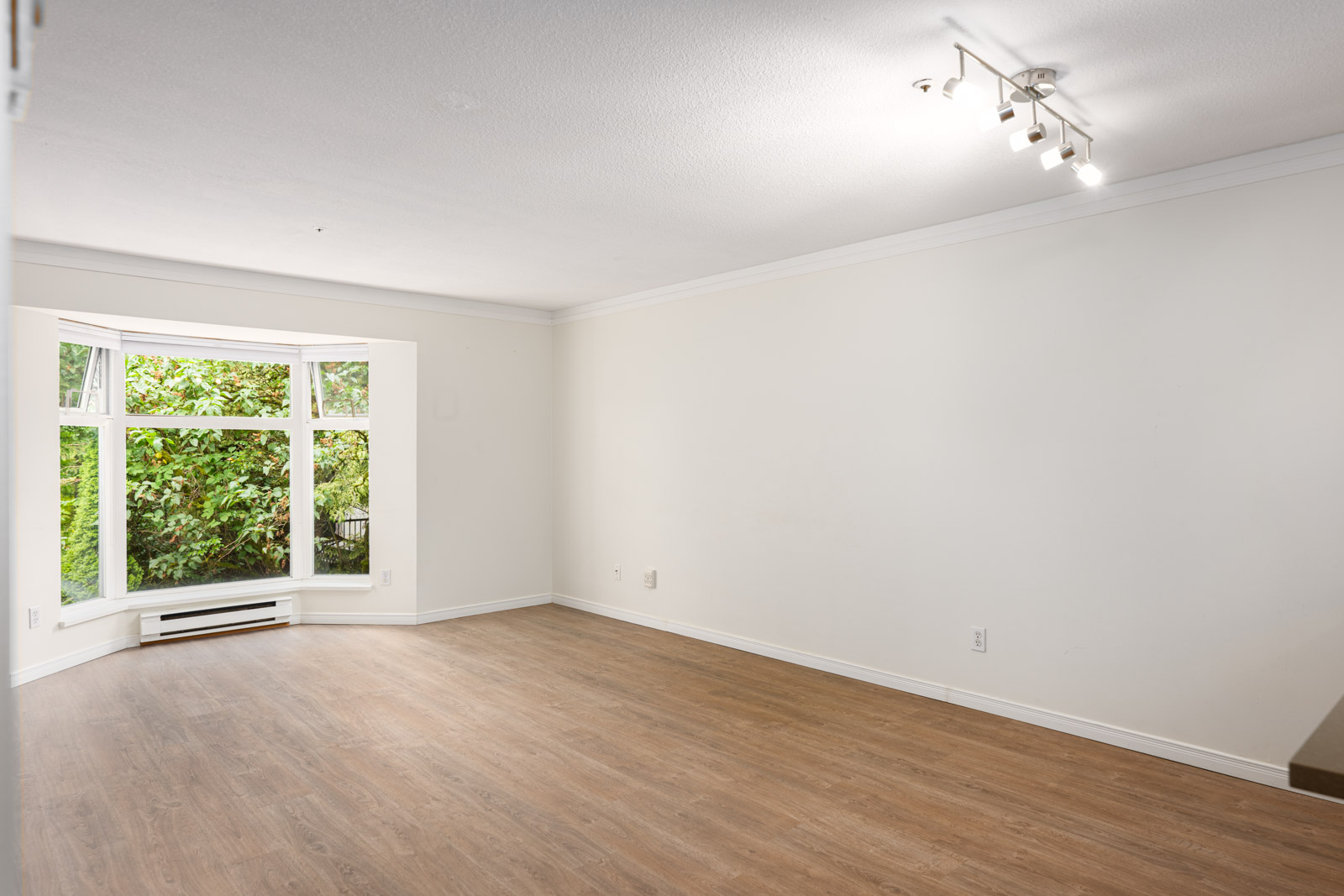 Empty room with white walls, wood flooring, a large bay window, baseboard heater, and ceiling track lighting. Green foliage is visible outside the window.