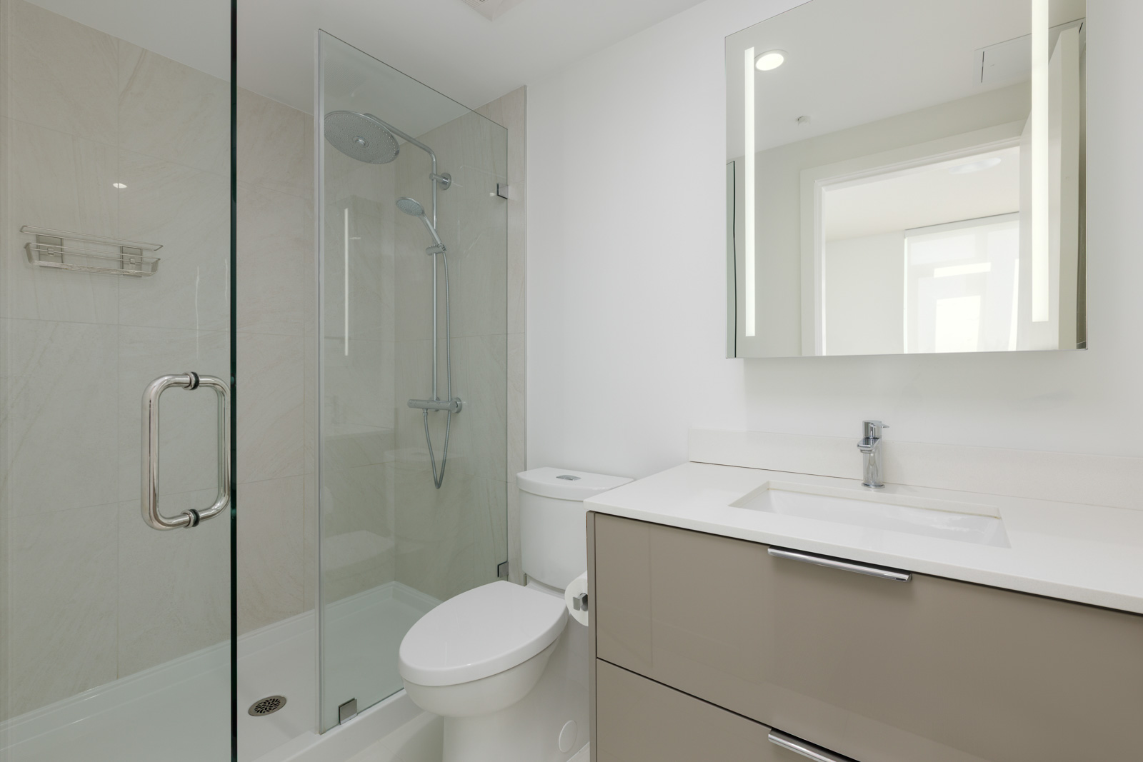 Modern bathroom with a glass shower enclosure, white toilet, and a beige vanity with a sink and mirror above.