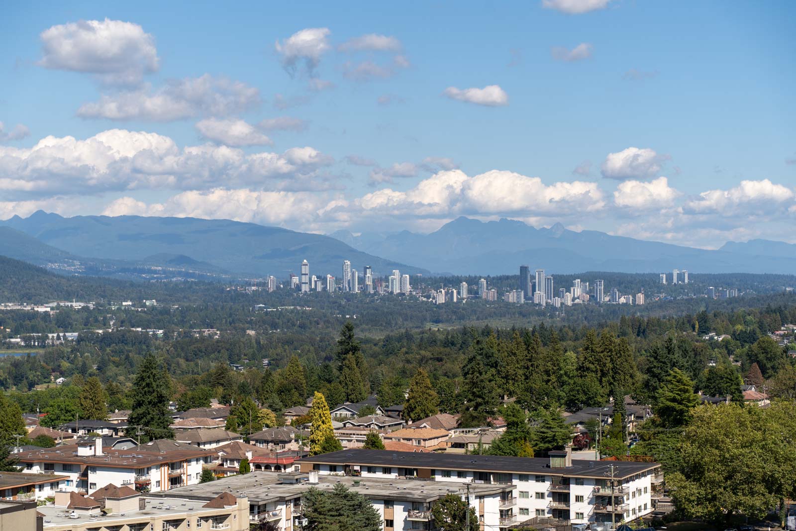 A cityscape with high-rise buildings in the distance, surrounded by trees, mountains, and a partly cloudy sky.