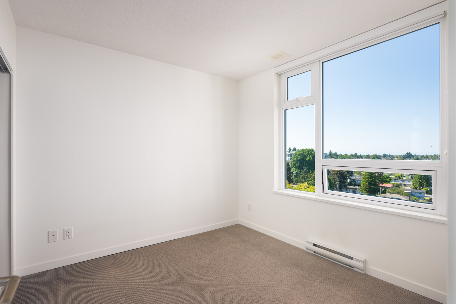Empty room with white walls, beige carpet, large window offering a view of trees and blue sky, and a baseboard heater under the window.