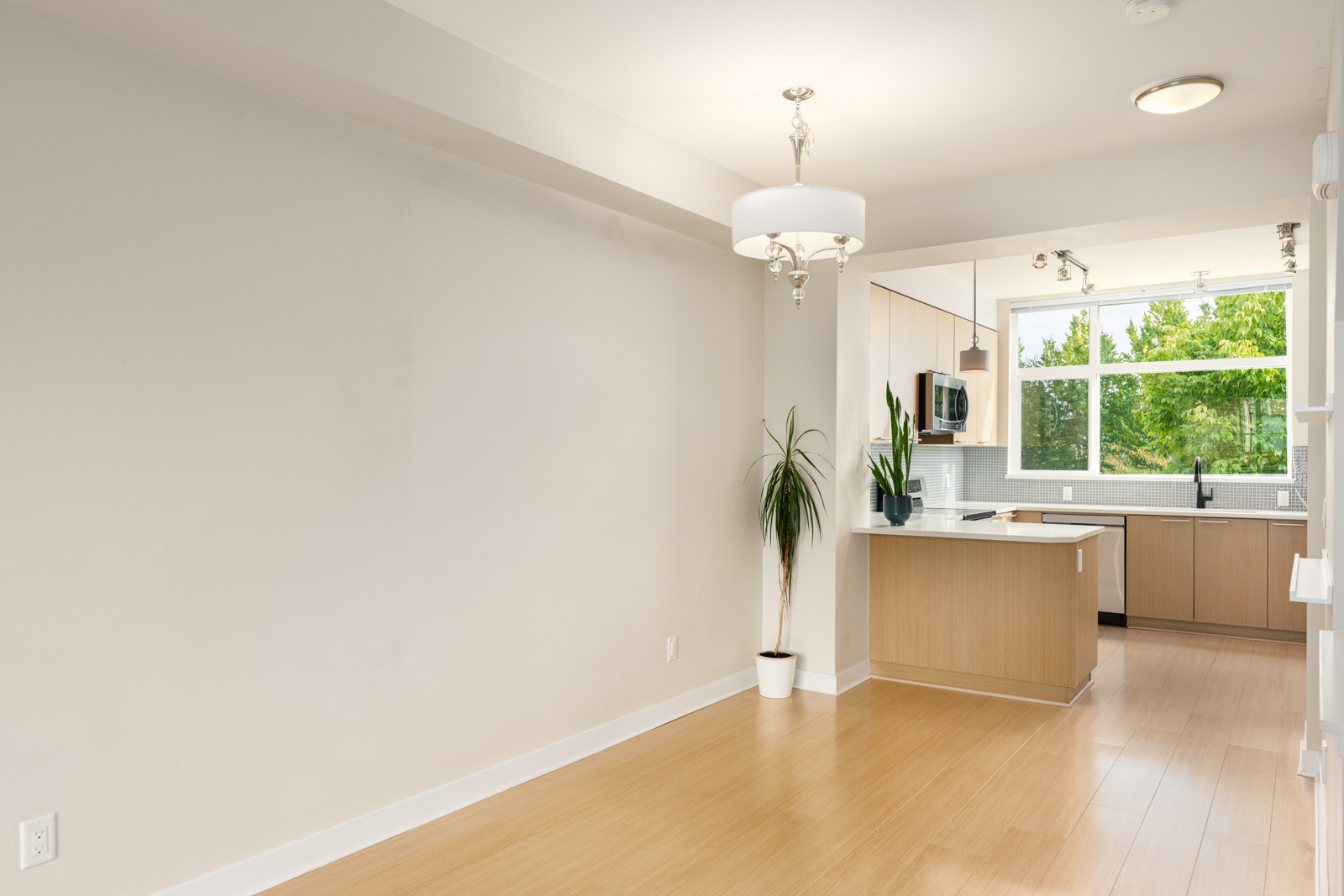 Bright, modern kitchen with light wood cabinets and an island, viewed from an adjacent empty dining area with light wood flooring and a potted plant by the wall.