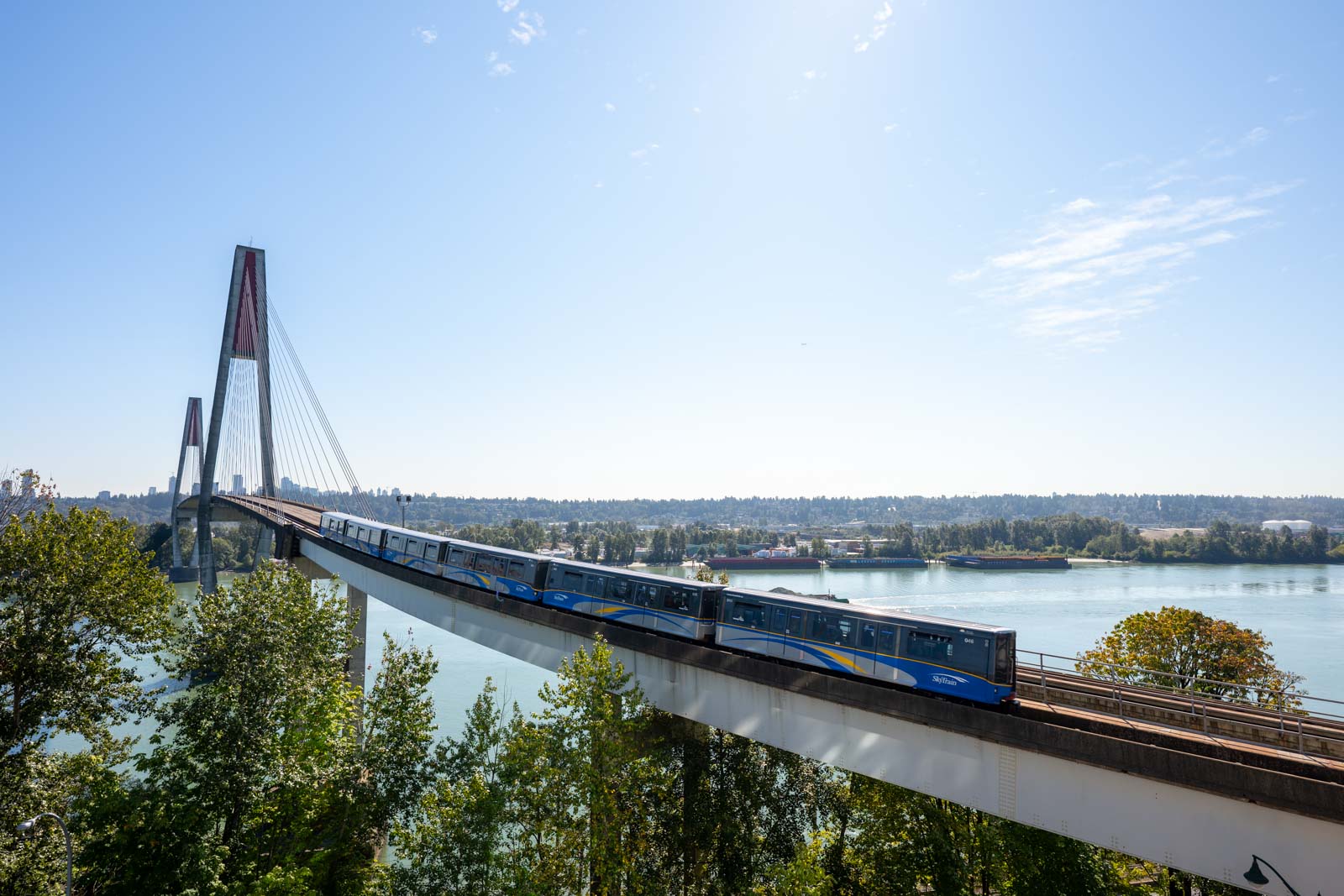 A blue commuter train travels across a modern cable-stayed bridge over a river, surrounded by trees and under a clear sky.