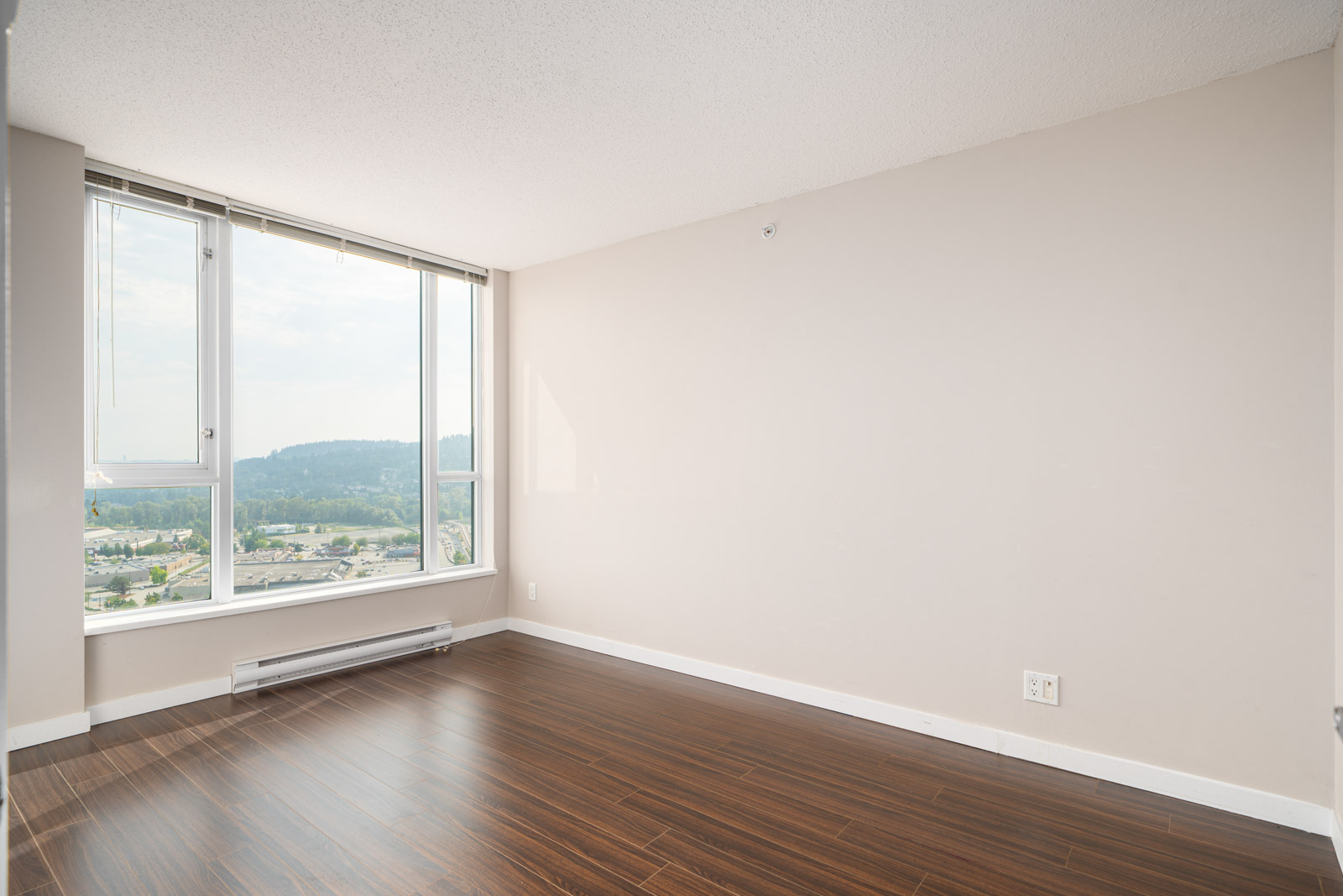 Empty room with light beige walls, large window with city and hill view, wood-style flooring, baseboard heater, and electrical outlet.
