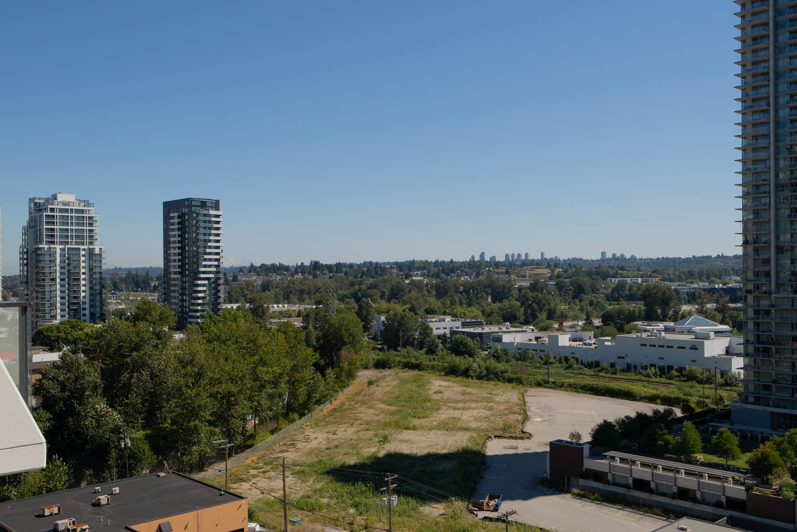 View of a cleared, grassy urban lot surrounded by trees and low industrial buildings, with high-rise apartments and a clear blue sky in the background.