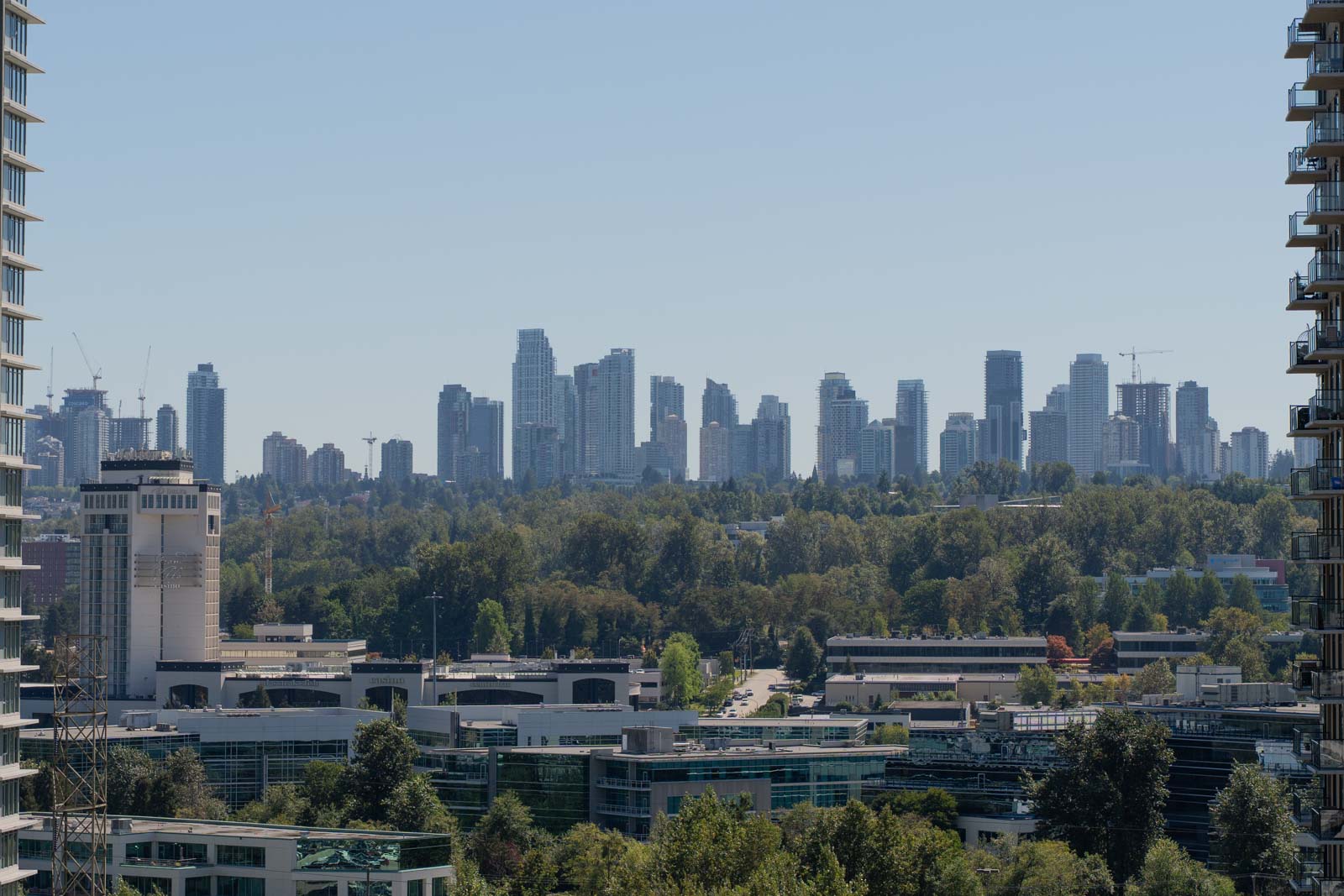 A cityscape with numerous high-rise buildings, trees in the foreground, and a clear blue sky in the background.