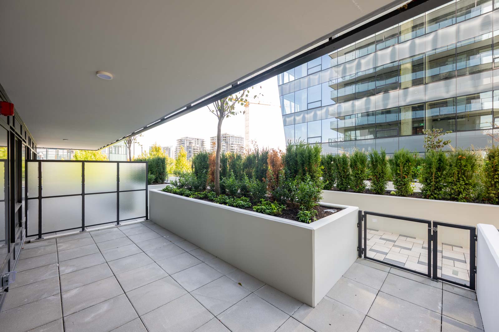 Modern outdoor terrace with large planter box, paving stones, and tall shrubs; glass building and urban skyline visible in the background.