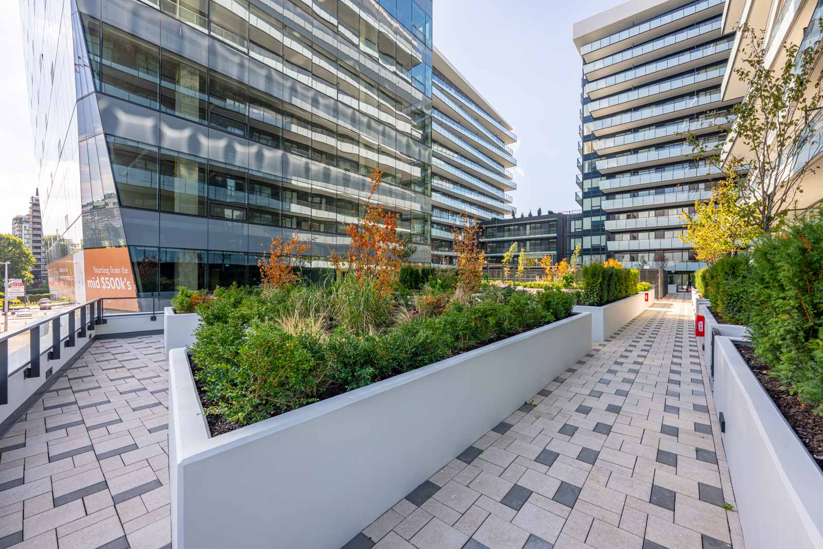 A modern outdoor walkway with raised planters and greenery between glass office buildings under a clear sky.