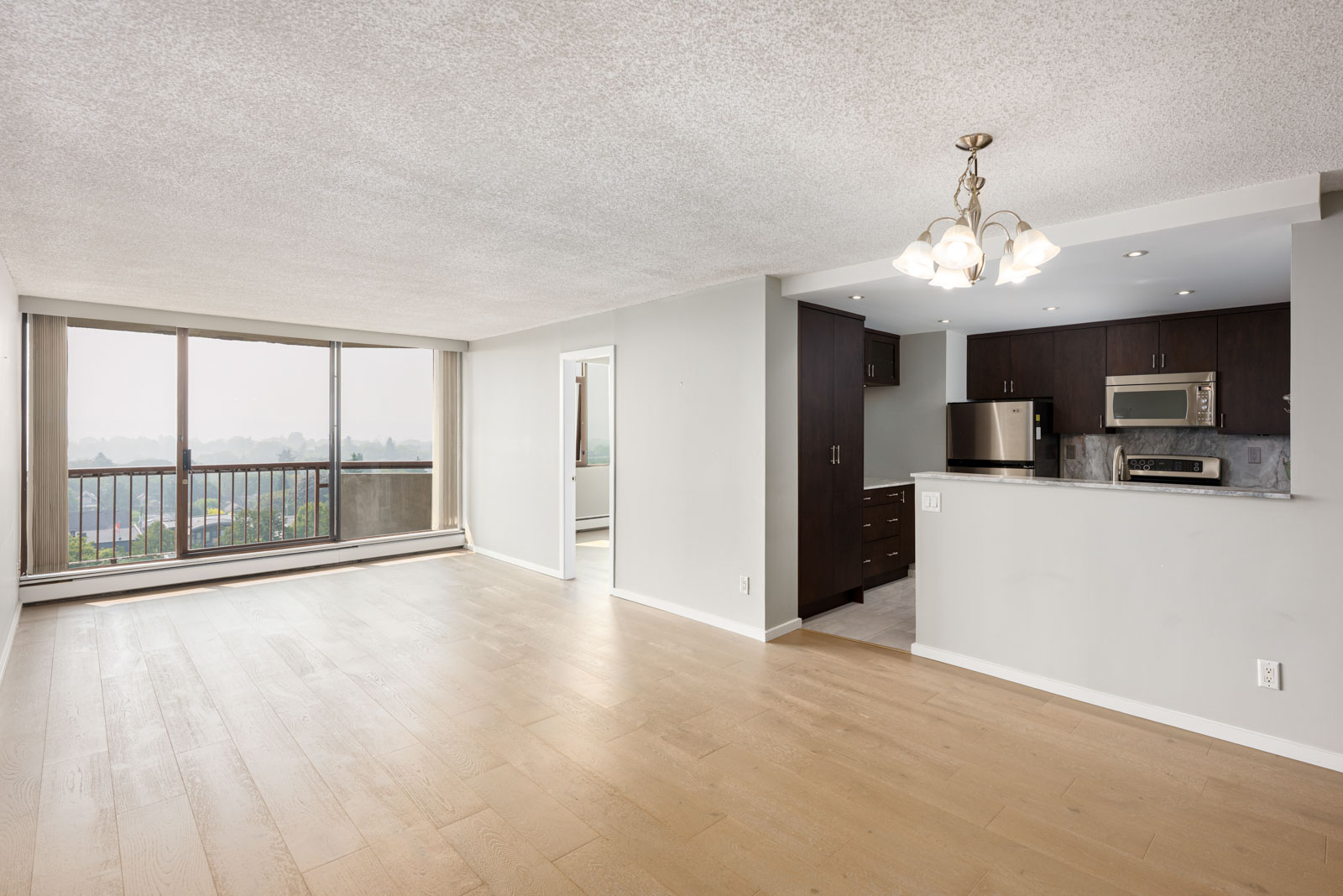 Unfurnished apartment with light wood flooring, an open living area, sliding glass doors to a balcony, and a modern kitchen with dark cabinets and stainless steel appliances.