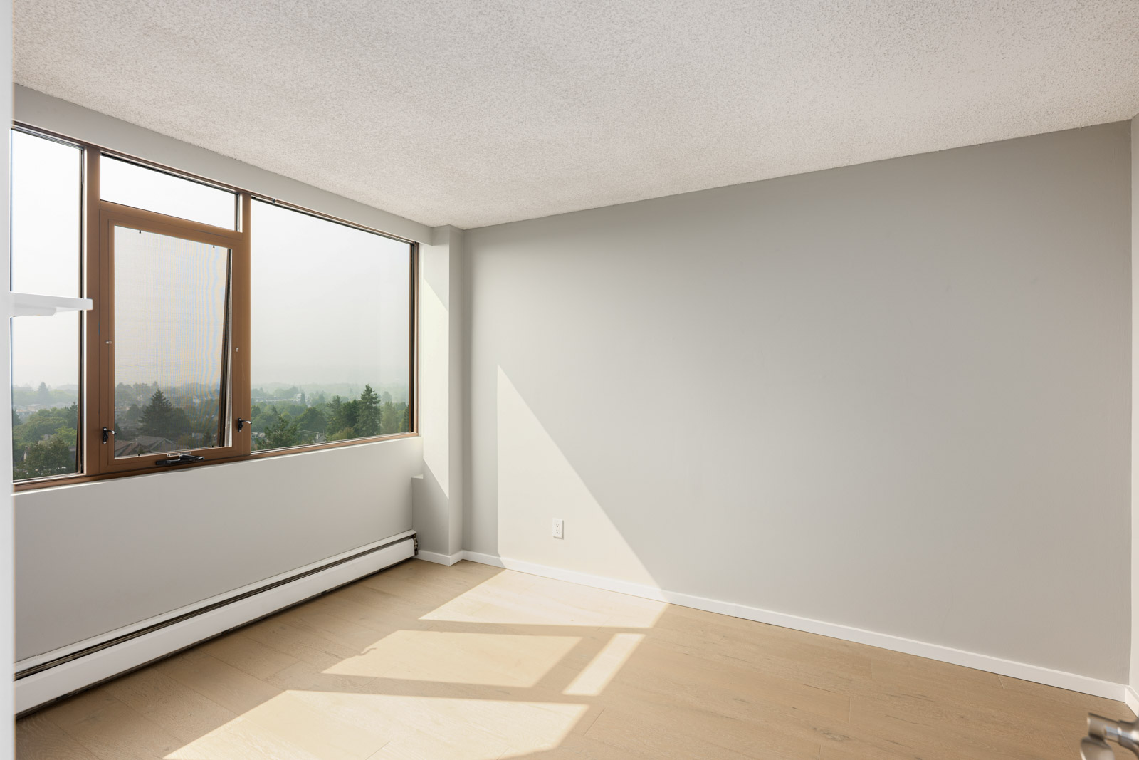 Empty room with light-colored walls and floor, large window letting in sunlight, and a view of trees and buildings outside.