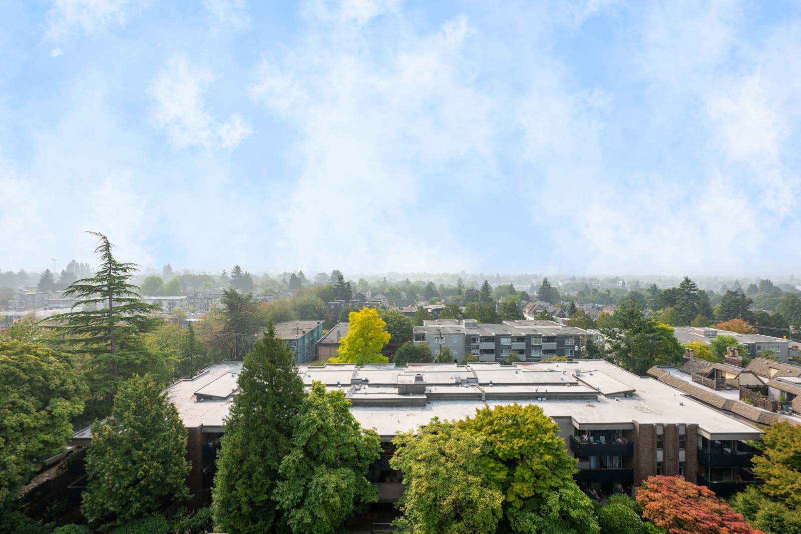 Aerial view of a residential neighborhood with a flat-roofed building in the foreground, surrounded by green trees under a partly cloudy sky.