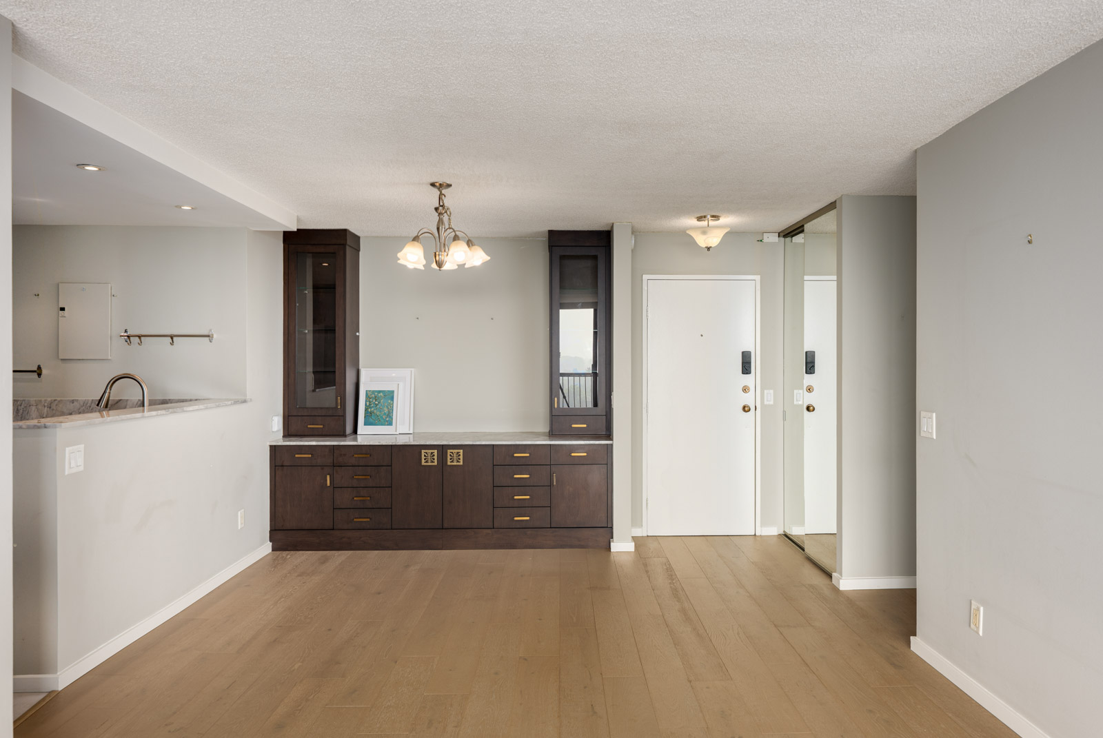 Unfurnished living space with built-in dark wood cabinets, a framed picture, light fixture, light wood flooring, and mirrored closet doors near the entrance.