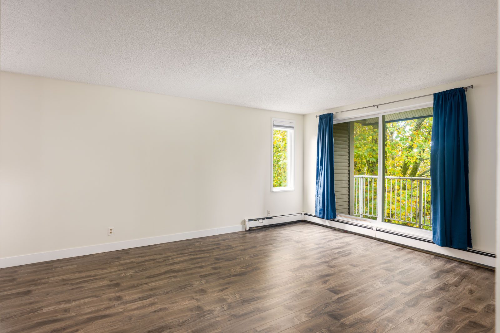 Empty room with light-colored walls, dark wood flooring, a window, and a sliding glass door with blue curtains leading to a small balcony overlooking trees.
