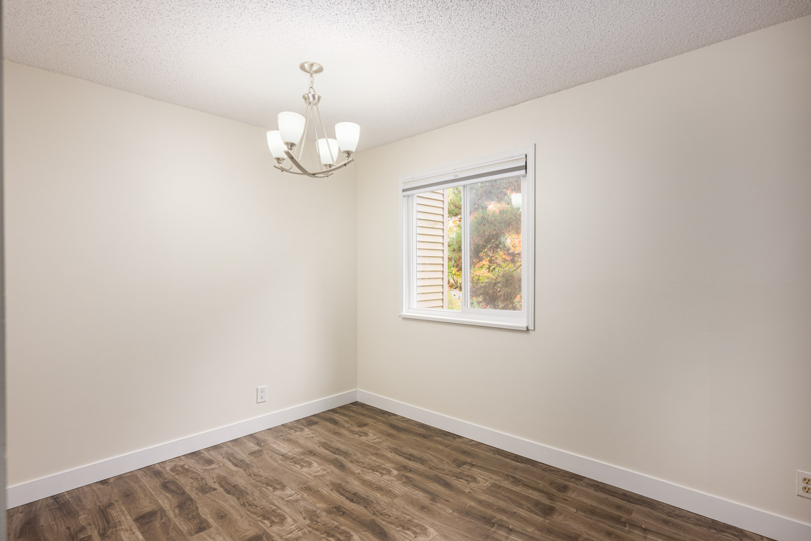 Empty room with cream-colored walls, a window with white trim, a ceiling light fixture, and wood-style flooring.