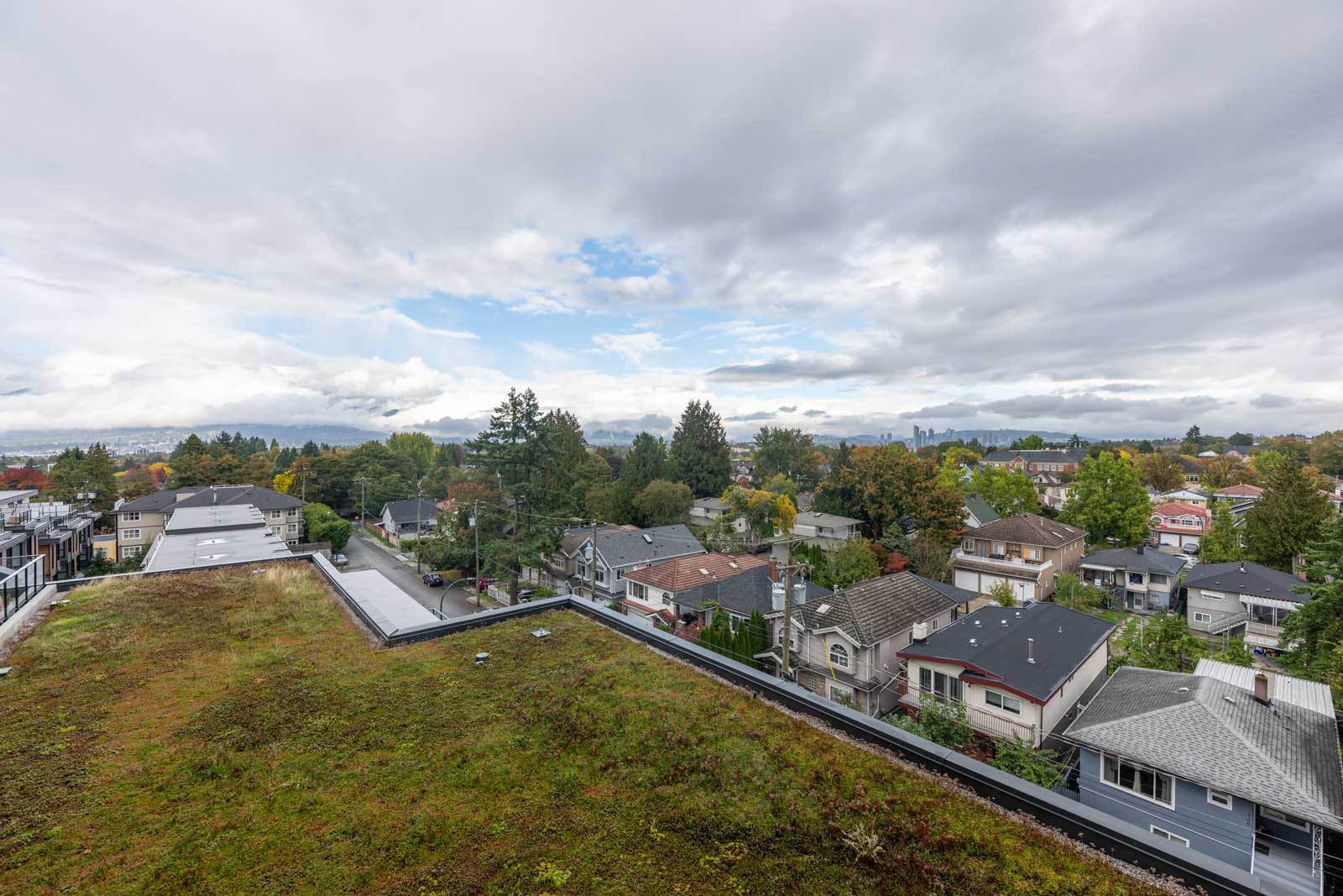 View of a residential neighborhood with houses, trees, and a green rooftop under a cloudy sky. City buildings and distant mountains are visible on the horizon.