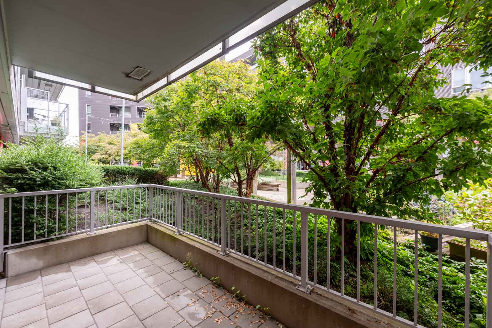 A covered patio with a tiled floor overlooks a fenced area with trees, shrubs, and greenery in an apartment complex courtyard.