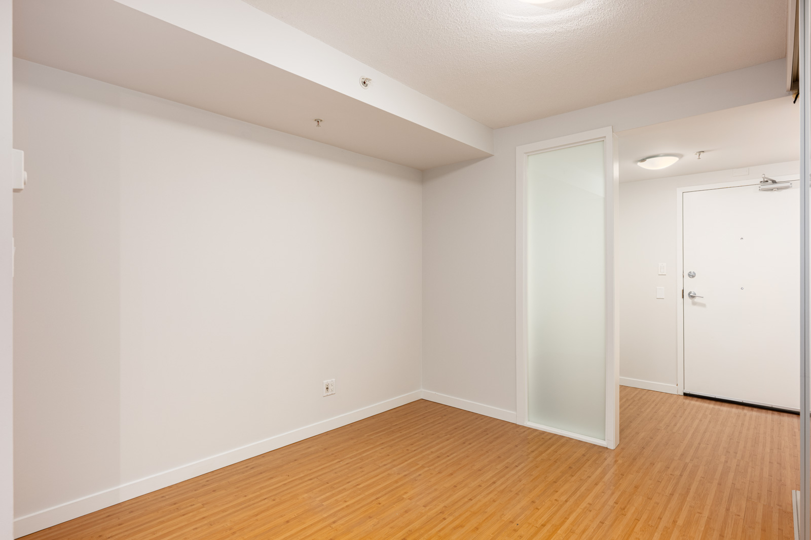 Empty room with light-colored walls, bamboo flooring, a frosted glass door, and a white entry door visible in the background.