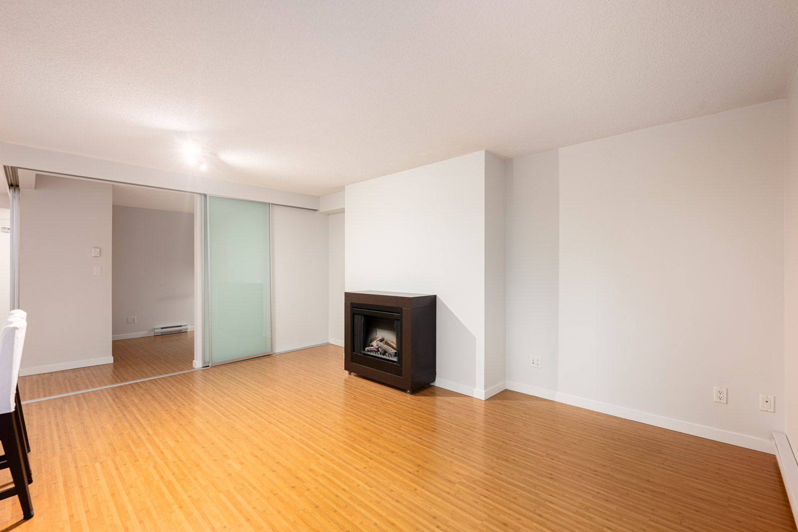 A modern, unfurnished room with light-colored walls, wood flooring, a black fireplace, and sliding glass closet doors.