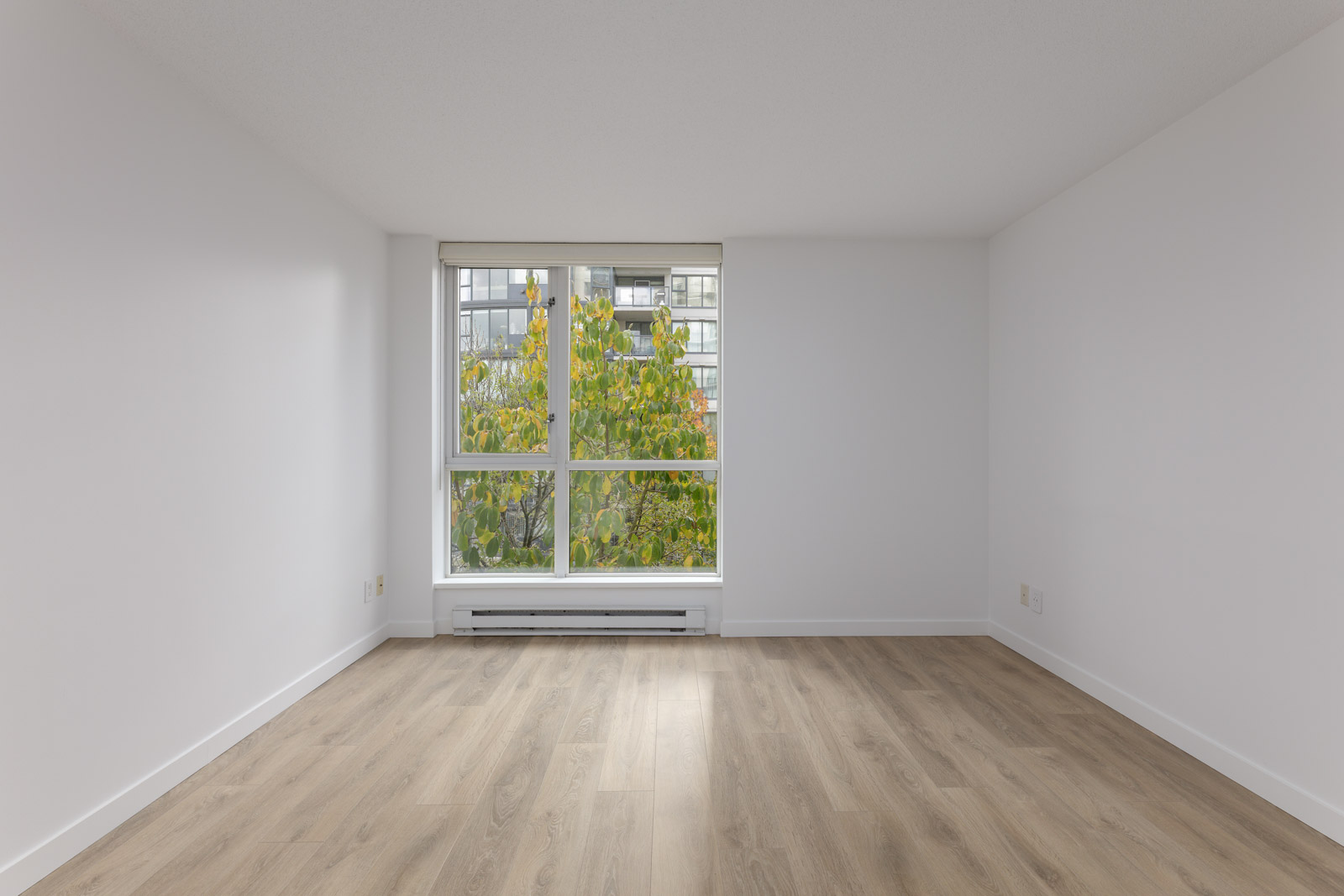 Empty room with light-colored wood flooring, white walls, and a large window showing trees and part of a building outside.