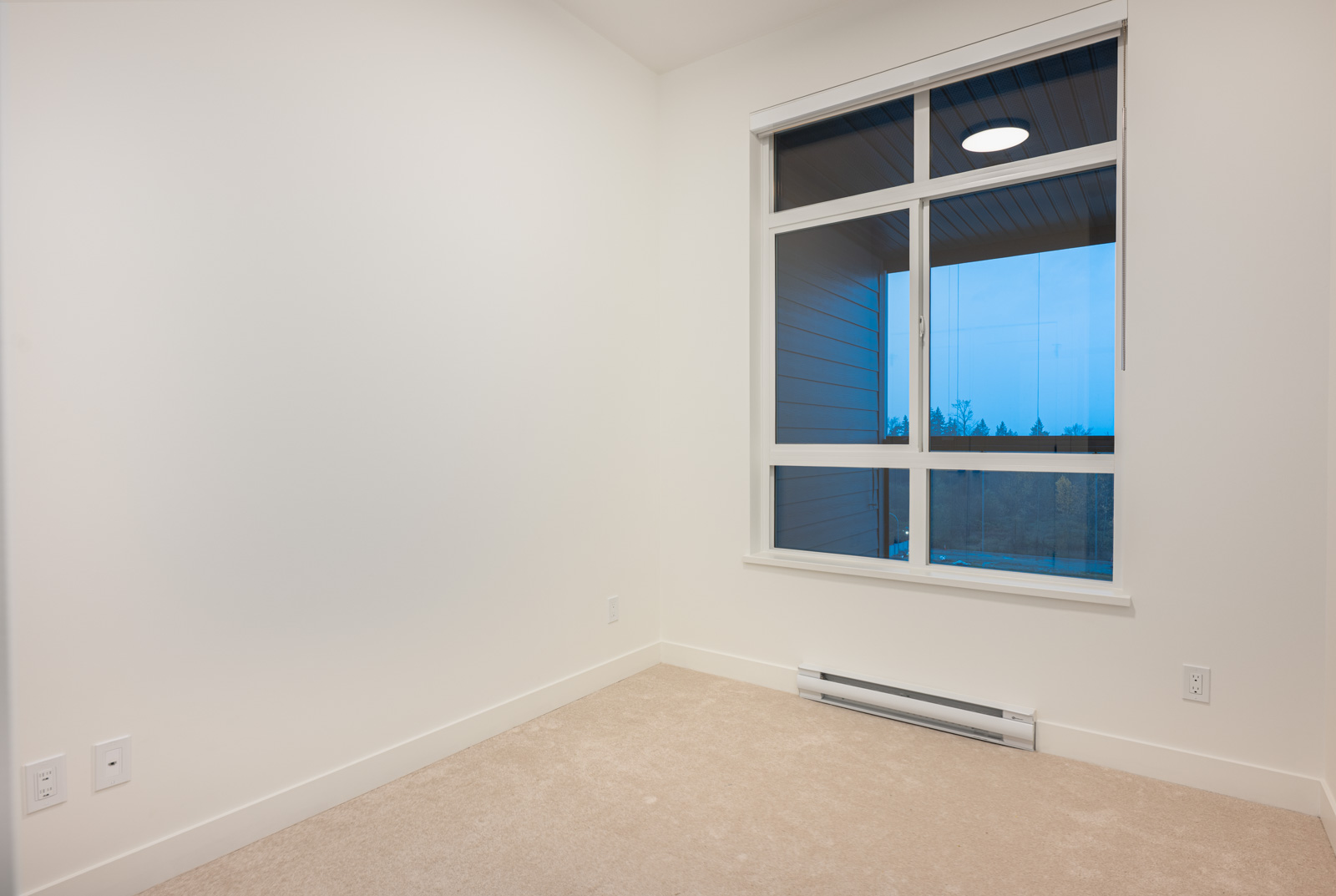 Empty room with beige carpet, white walls, a large window, and a baseboard heater beneath the window.