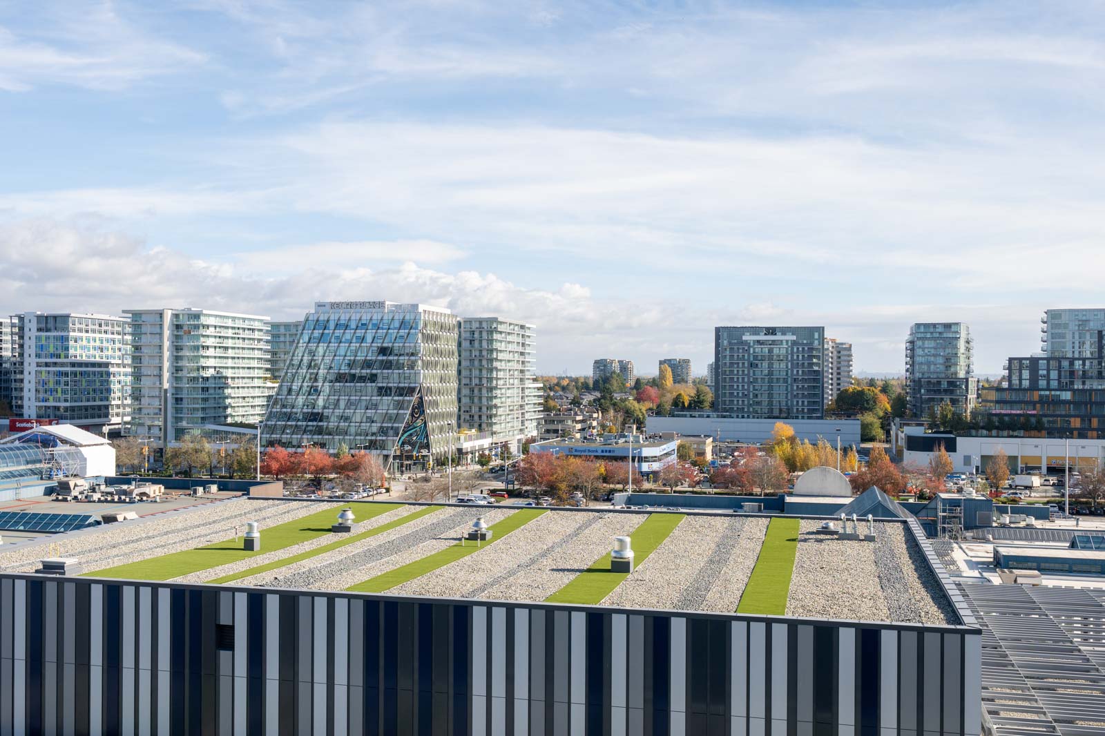 Urban skyline with modern mid-rise buildings, a distinctive glass structure, and a flat rooftop in the foreground featuring gravel and green strips, under a partly cloudy sky.