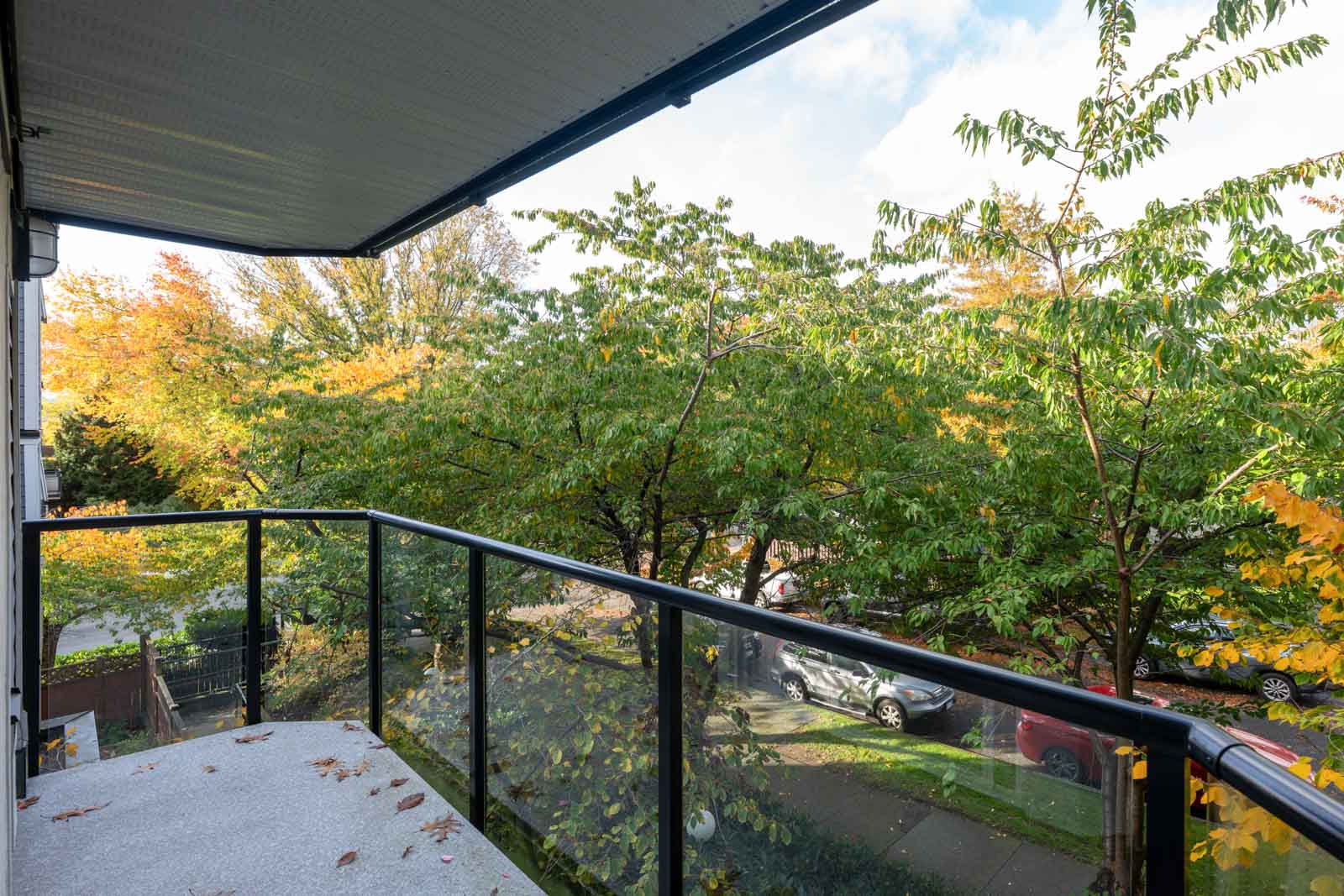 View from a balcony with a glass railing overlooking a street lined with green and yellow trees on a sunny day.