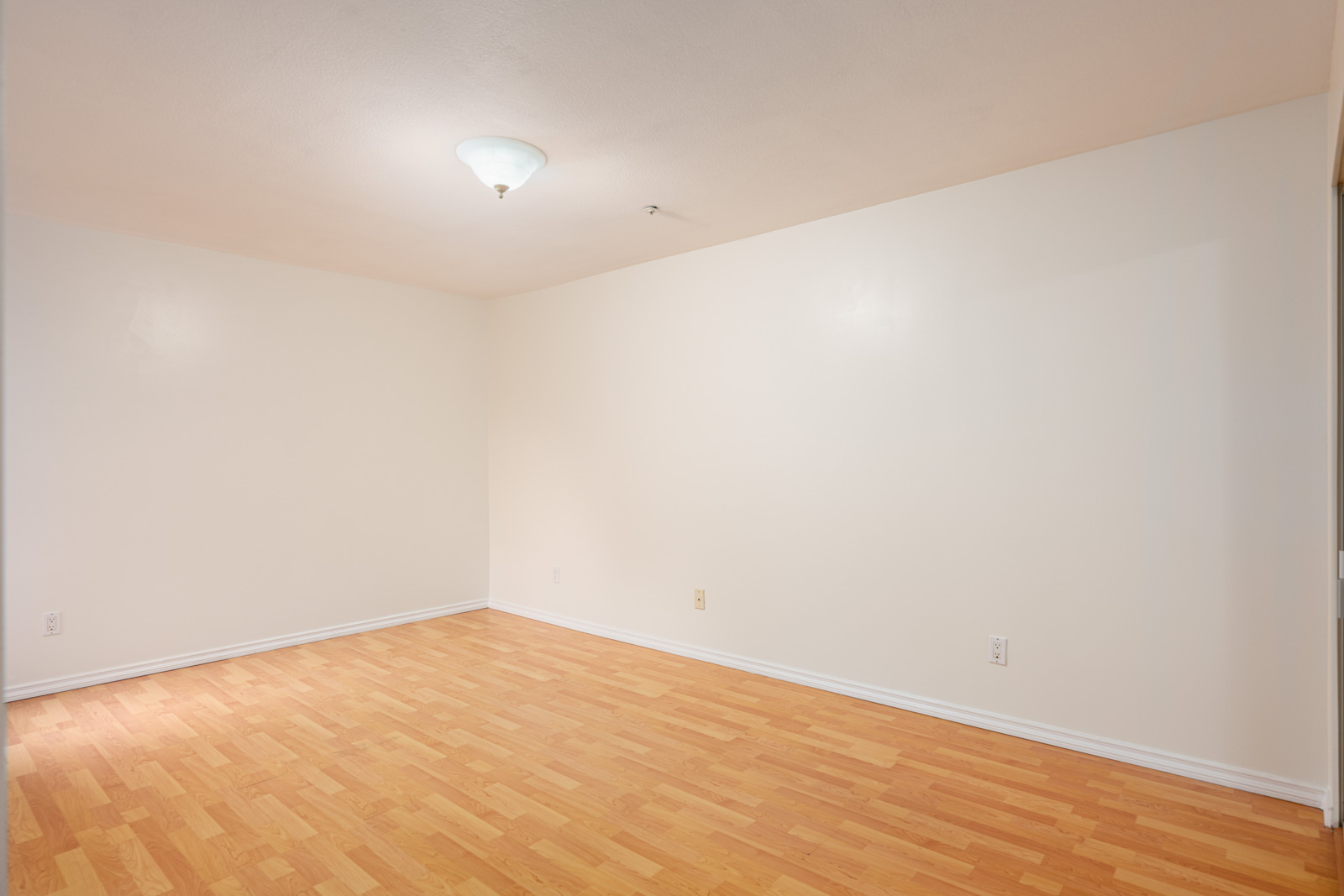 Empty room with off-white walls, a ceiling light fixture, wood laminate flooring, and standard electrical outlets along the walls.