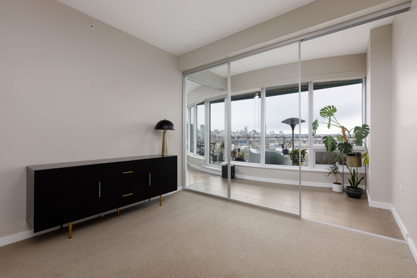 A modern, empty room with beige carpet, a black sideboard, and mirrored sliding doors opening to a sunroom with large windows and potted plants.