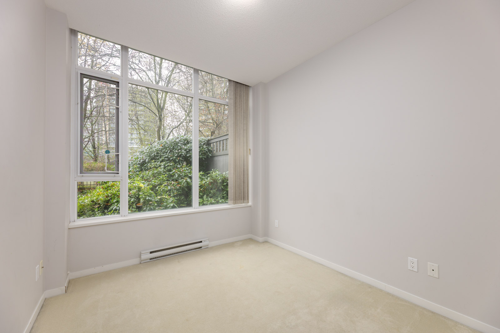 Empty room with beige carpet, white walls, and a large window facing a garden with greenery outside. Electrical outlets are visible on the lower right wall.