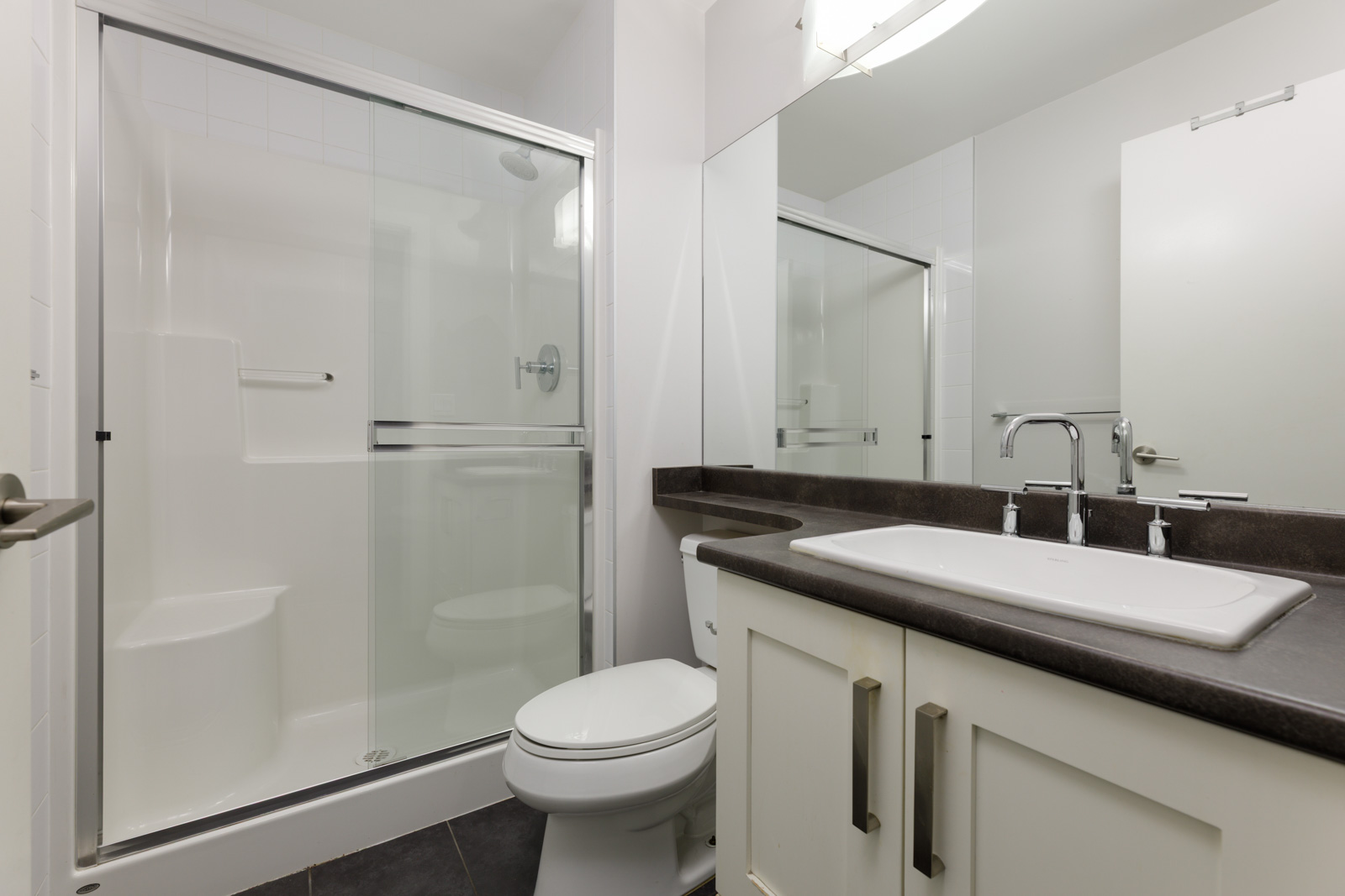 Modern bathroom with a glass-enclosed shower, white toilet, large mirror, and a sink with a dark countertop and white cabinets.
